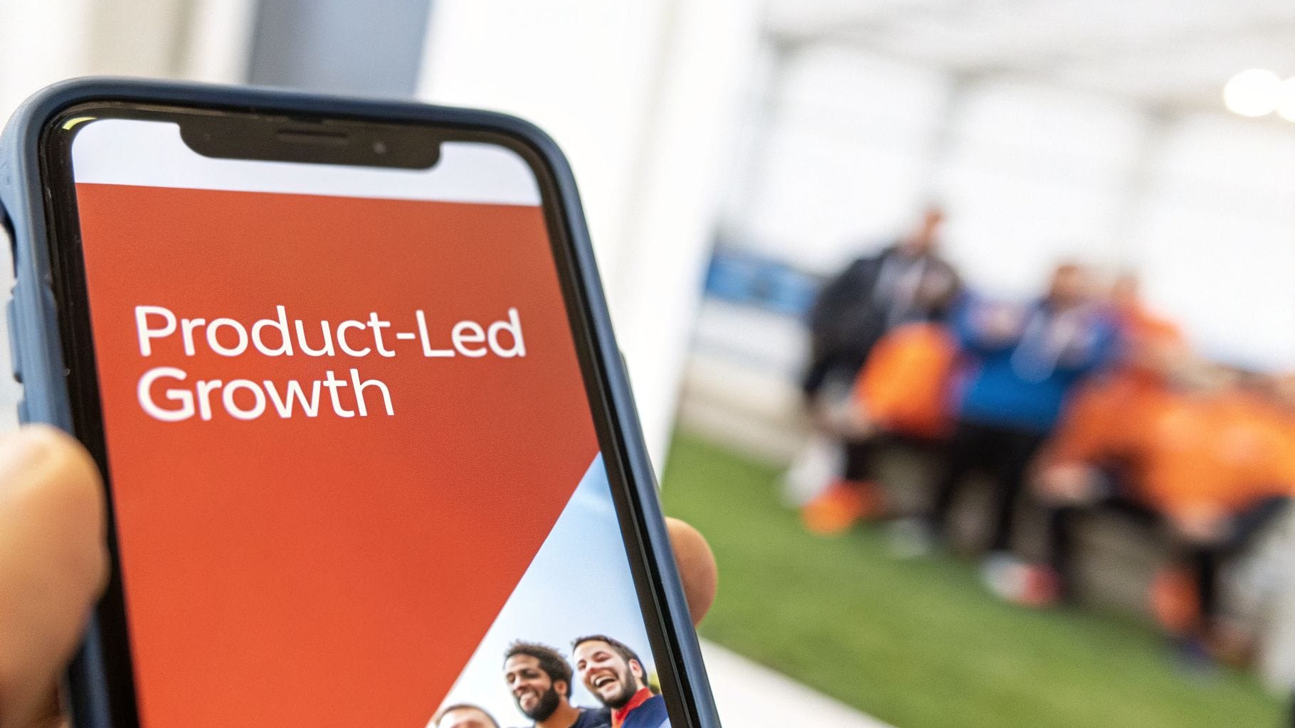 A smartphone displays 'Product-Led Growth' text and a team, with blurred figures in the background.
