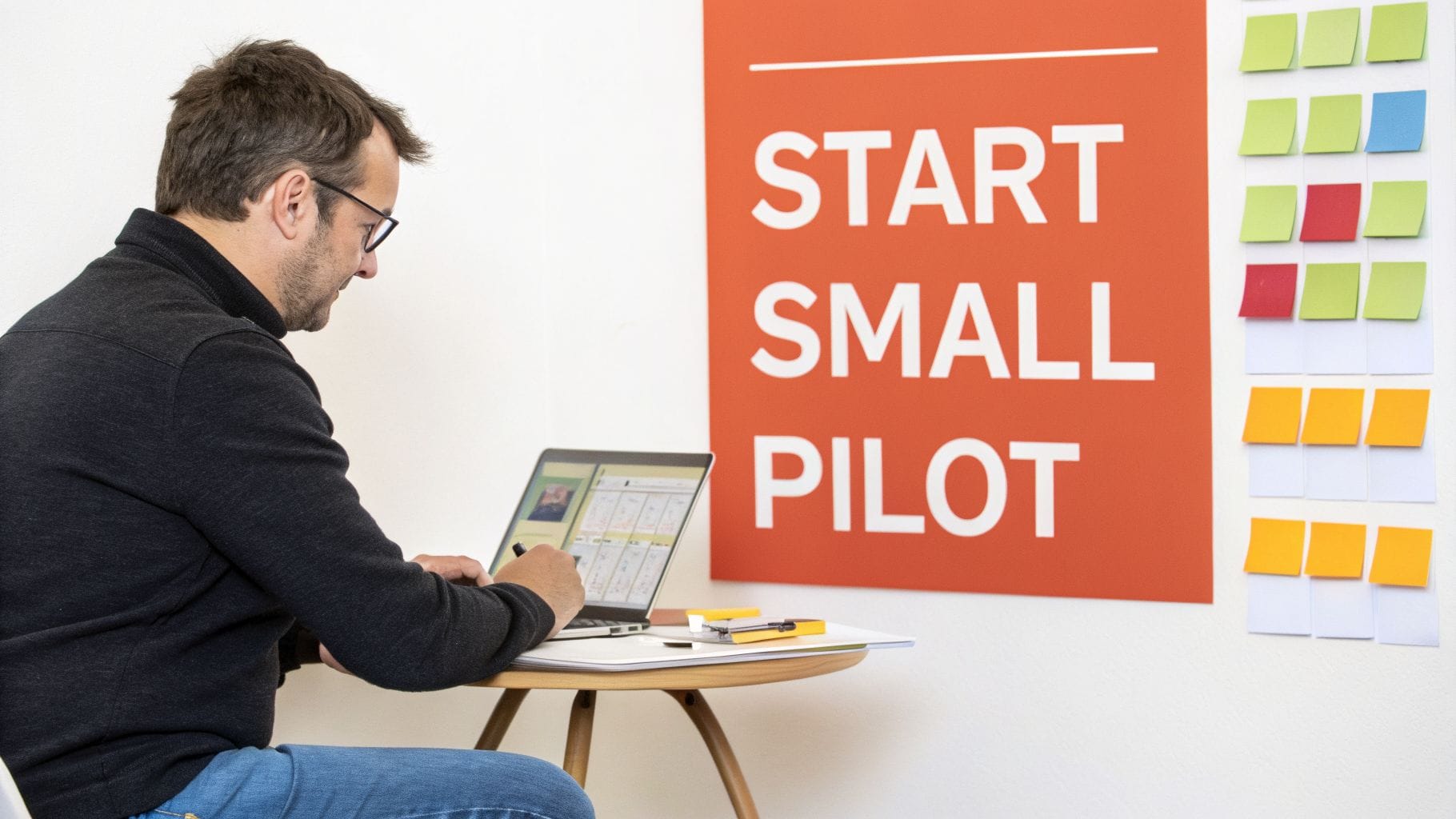 A man working on a laptop, with an "START SMALL PILOT" poster and sticky notes on the wall.