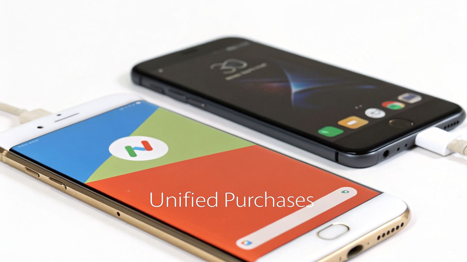 Two smartphones, one displaying 'Unified Purchases' text and a colorful app logo, connected to chargers.