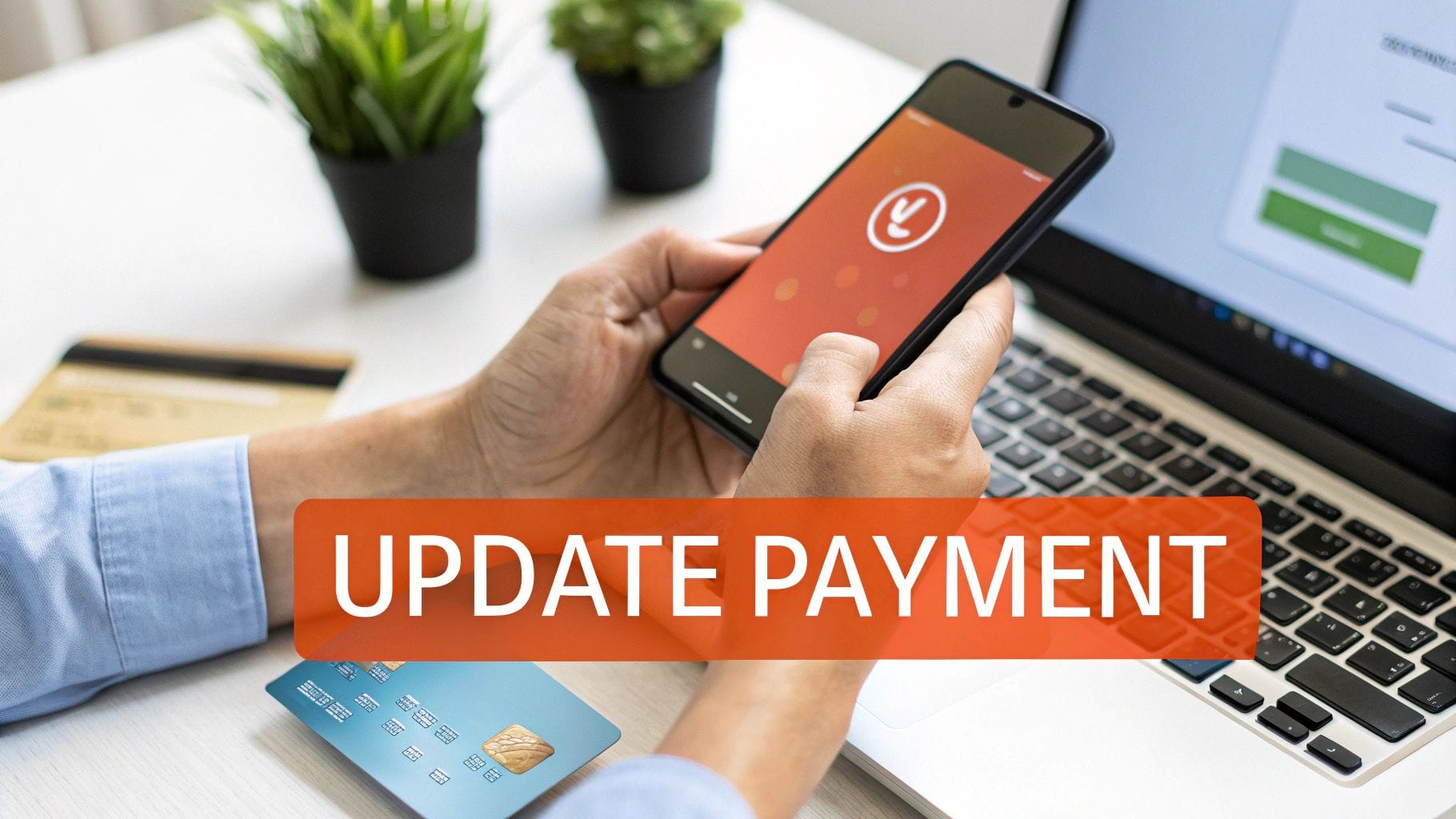 Hands holding a smartphone while interacting with a laptop, credit cards, and 'UPDATE PAYMENT' text.