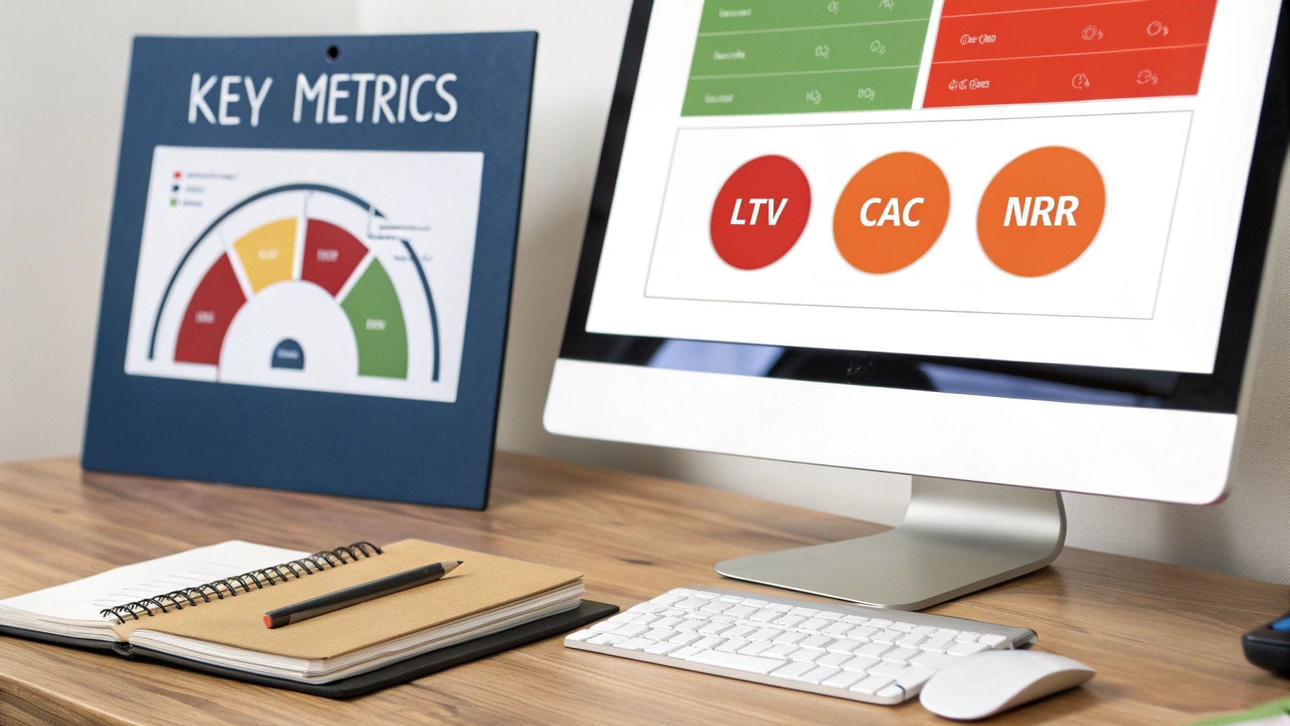 A modern desk setup displaying key business metrics like LTV, CAC, NRR on a monitor and a 'KEY METRICS' board.