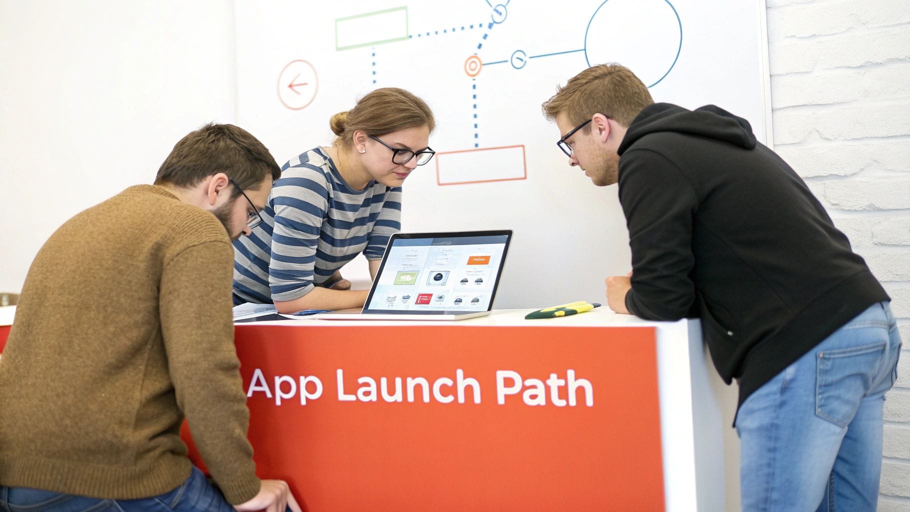 Three colleagues, two men and a woman, collaborate around a laptop, reviewing an 'App Launch Path'.