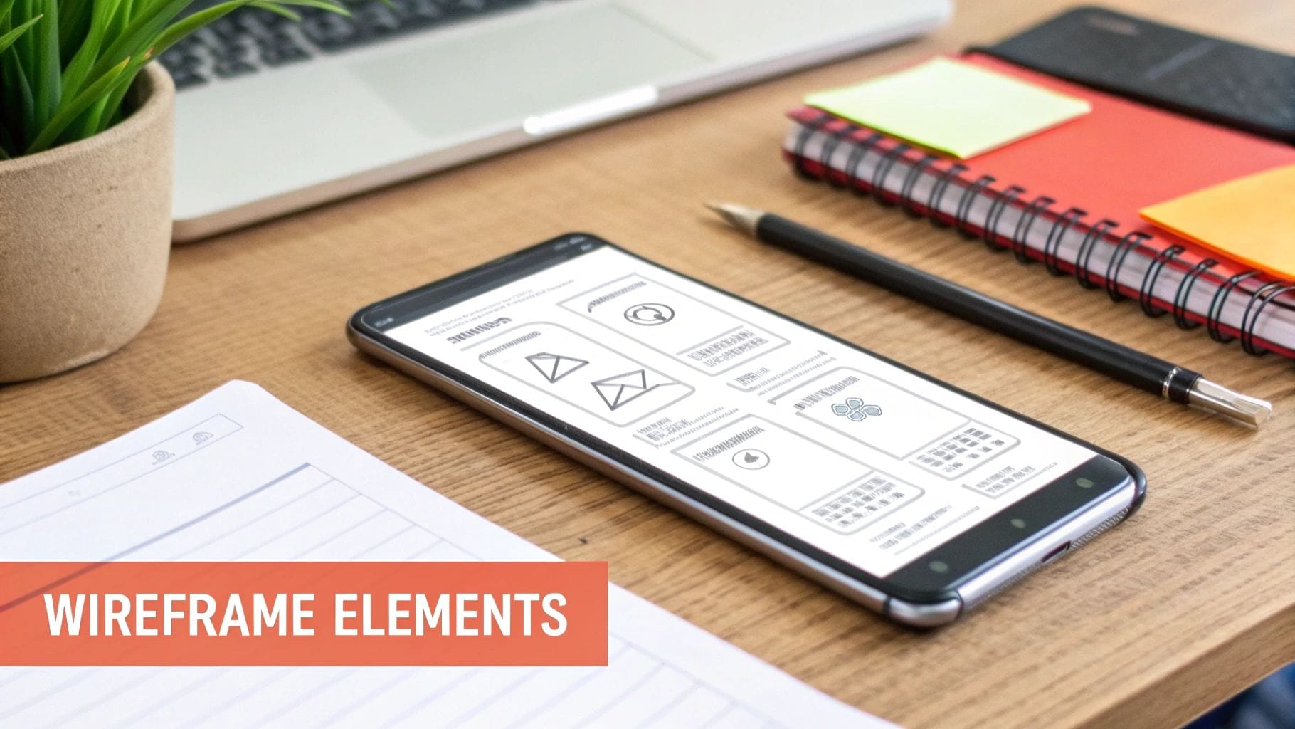 A smartphone displaying mobile app wireframe elements on a desk with a laptop and notebook.