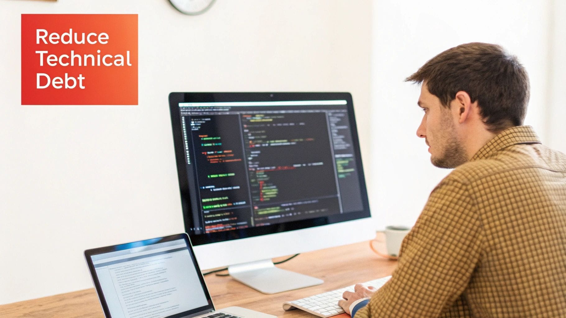 A developer works on code at a desk with a monitor and laptop, next to a banner reading "Reduce Technical Debt."