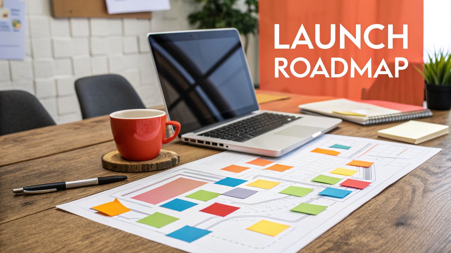 A launch roadmap document with colorful sticky notes on a wooden desk with a laptop and coffee mug.