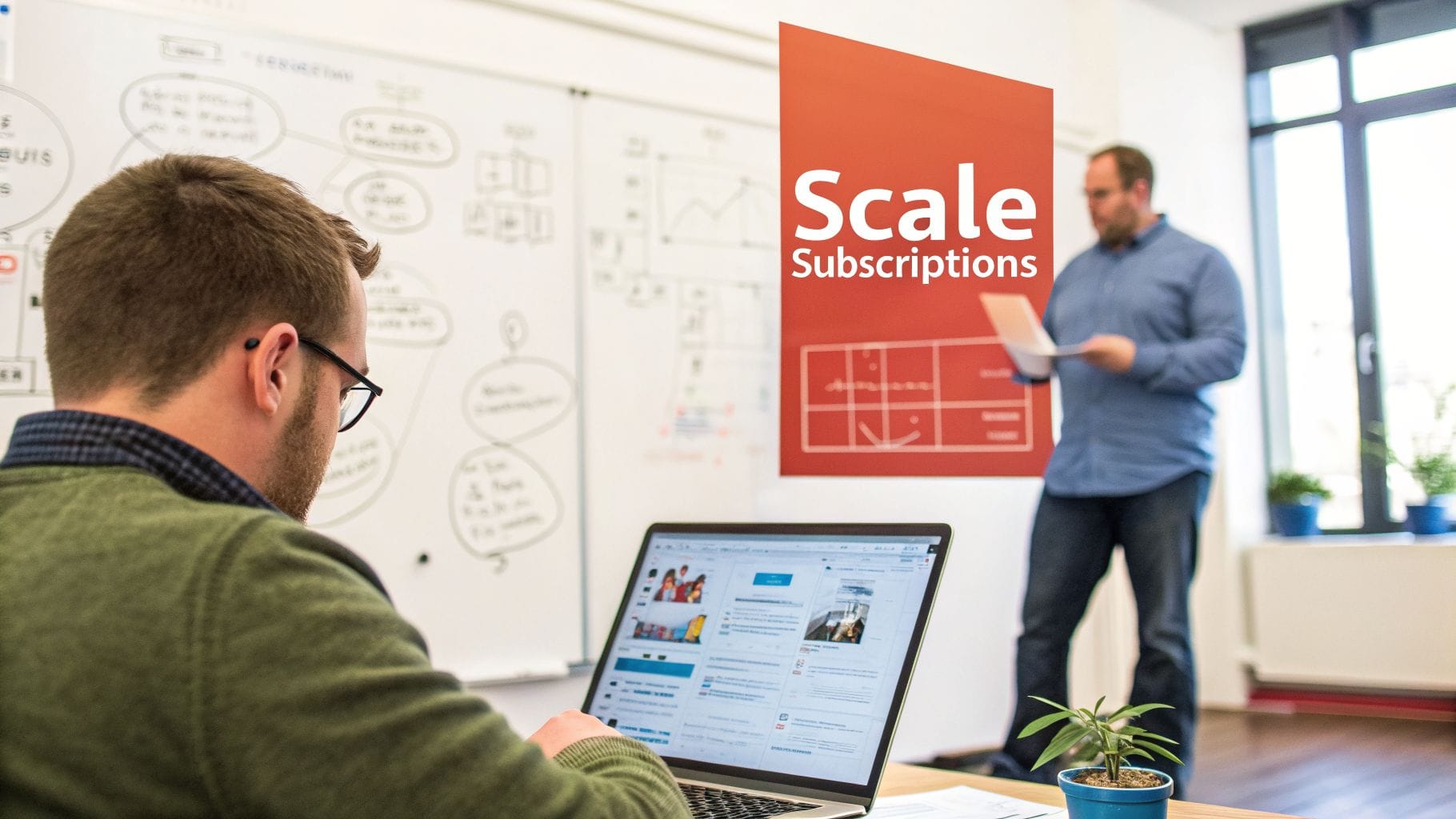Two professionals in an office, one working on a laptop and another presenting 'Scale Subscriptions'.