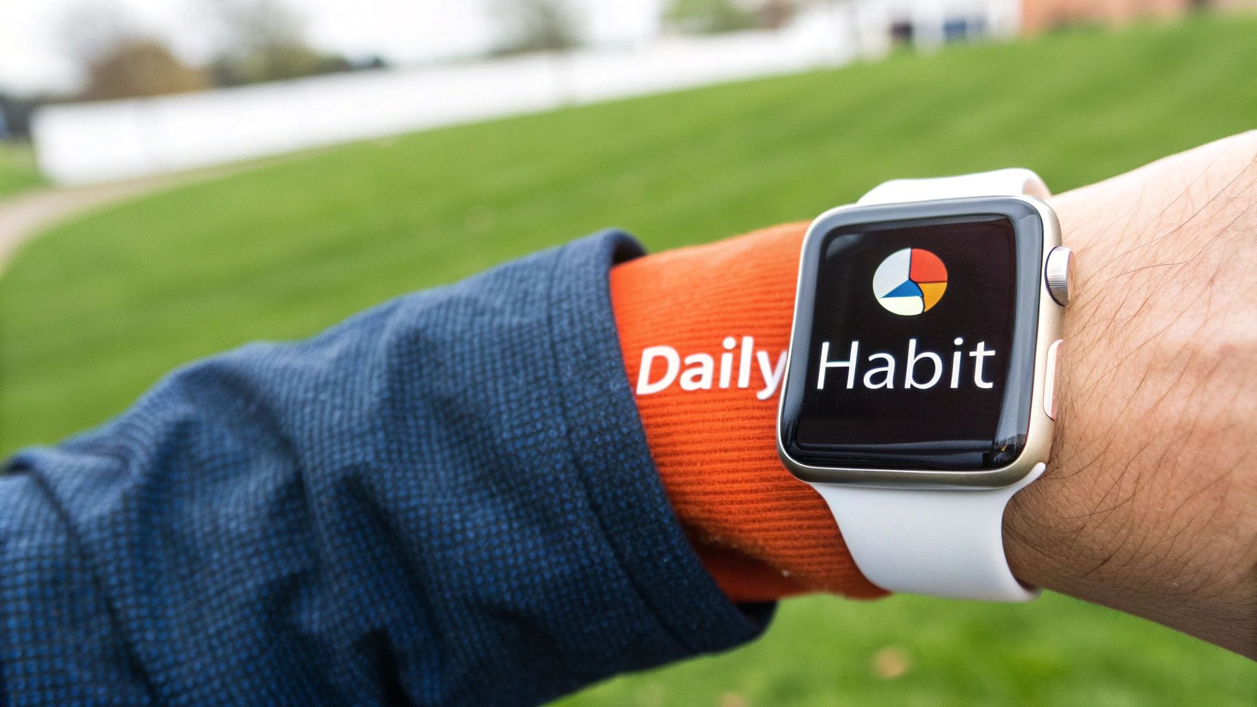 Close-up of an Apple Watch on a person's wrist displaying 'Daily Habit' app.