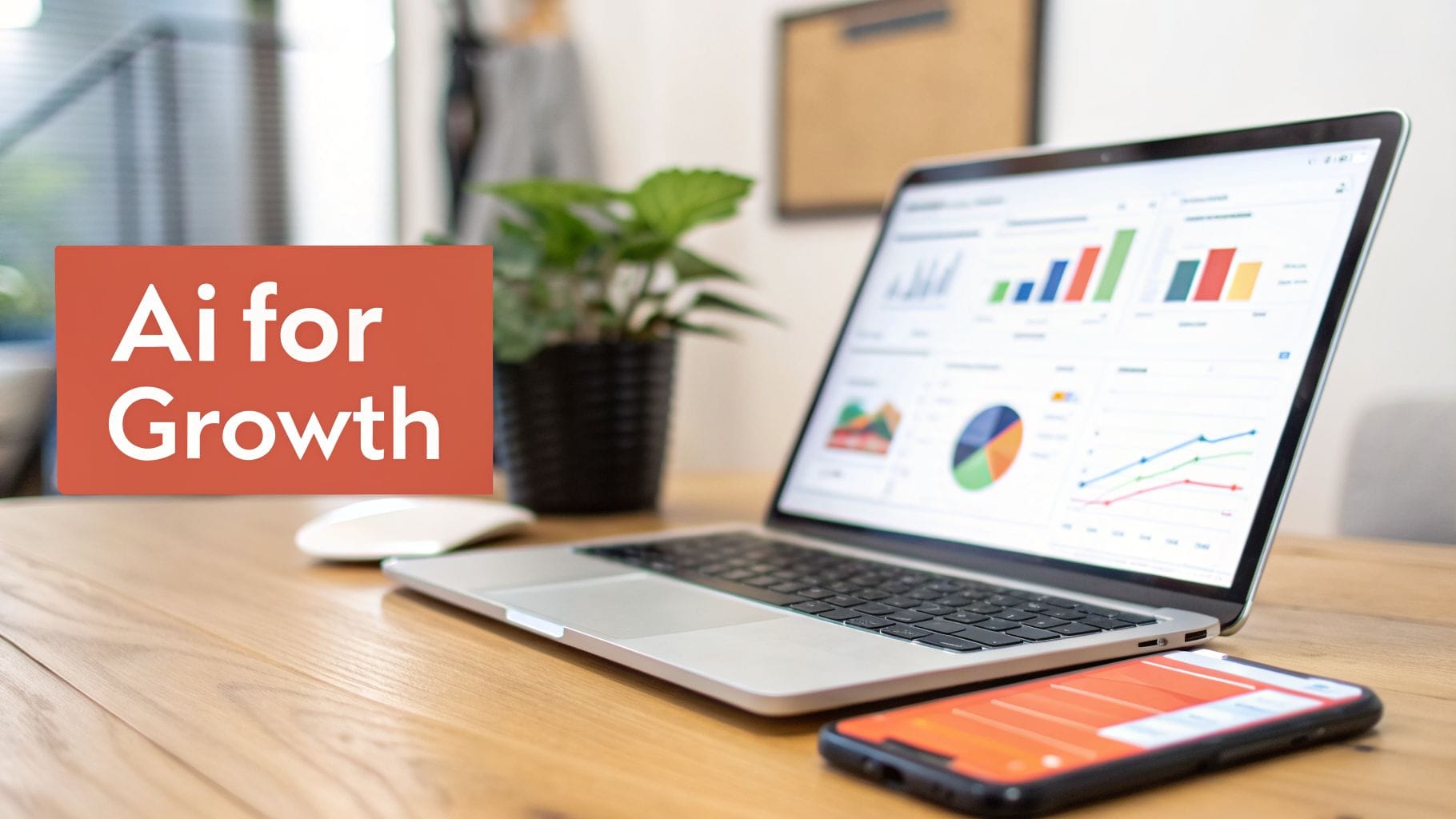 Laptop showing data charts and 'AI for Growth' text, with a phone and mouse on a wooden desk.