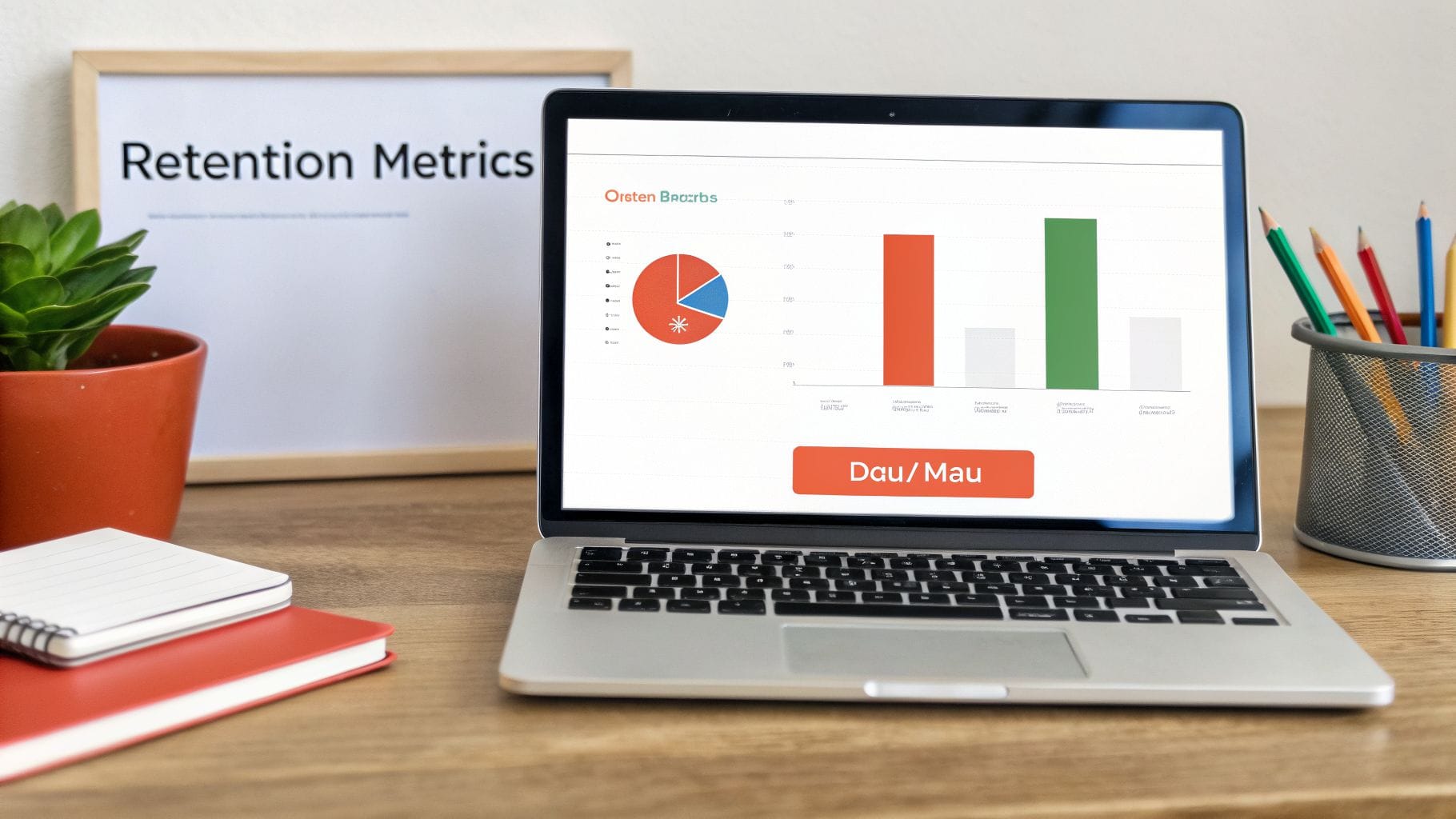Laptop showing retention metrics dashboard and graphs on a desk with a 'Retention Metrics' sign.
