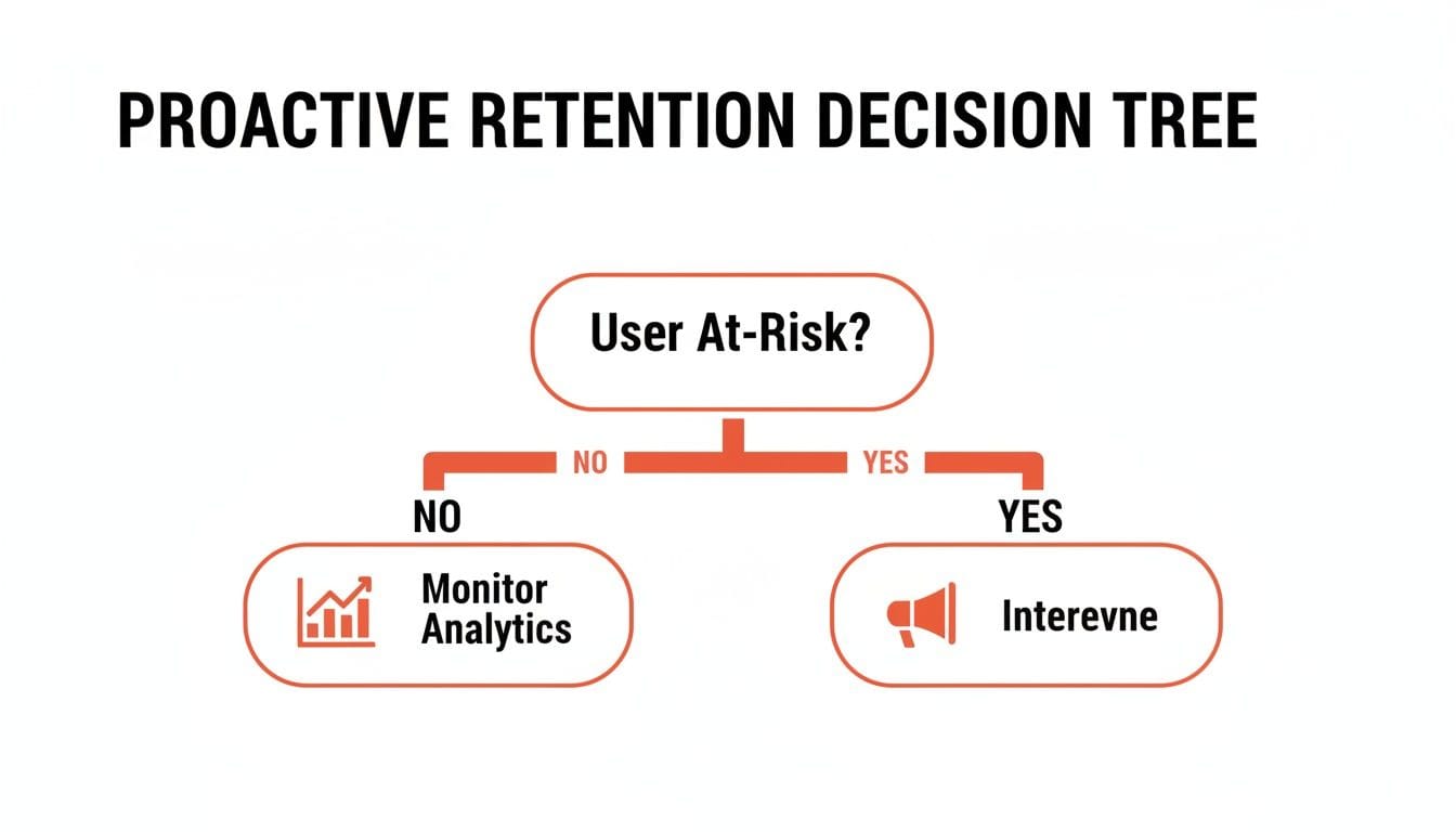 A proactive retention decision tree flowchart. It guides actions based on whether a user is at risk.