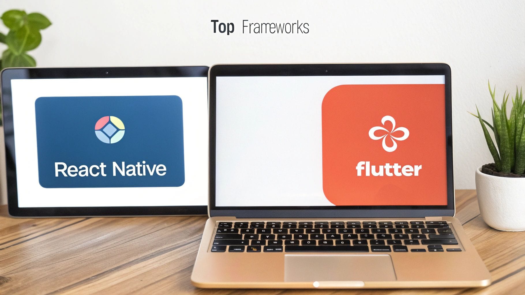Two laptops on a wooden desk showing React Native and Flutter logos, popular app development frameworks.