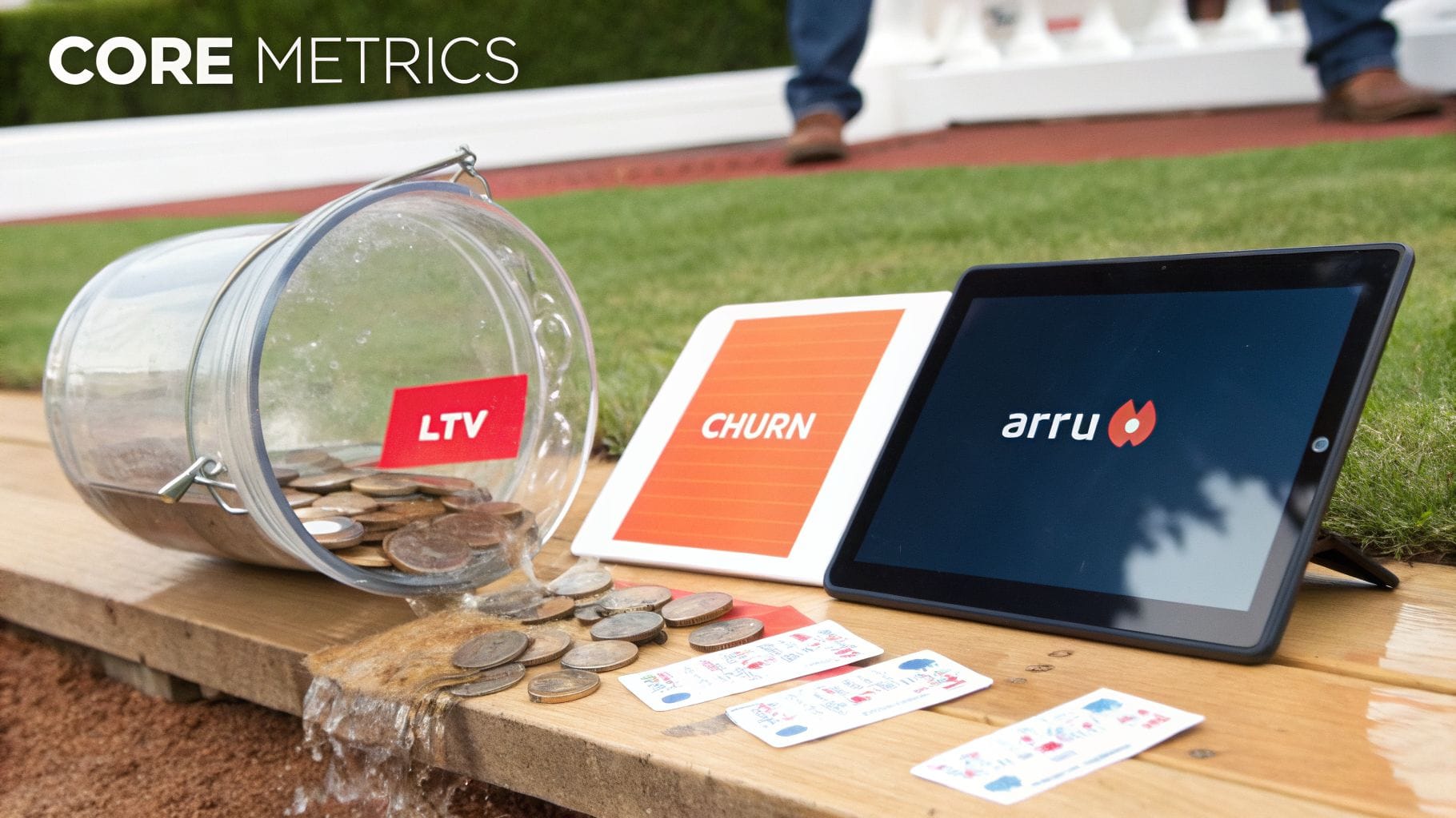 A jar of coins labeled LTV spills next to a CHURN sign and tablet, illustrating app analytics.