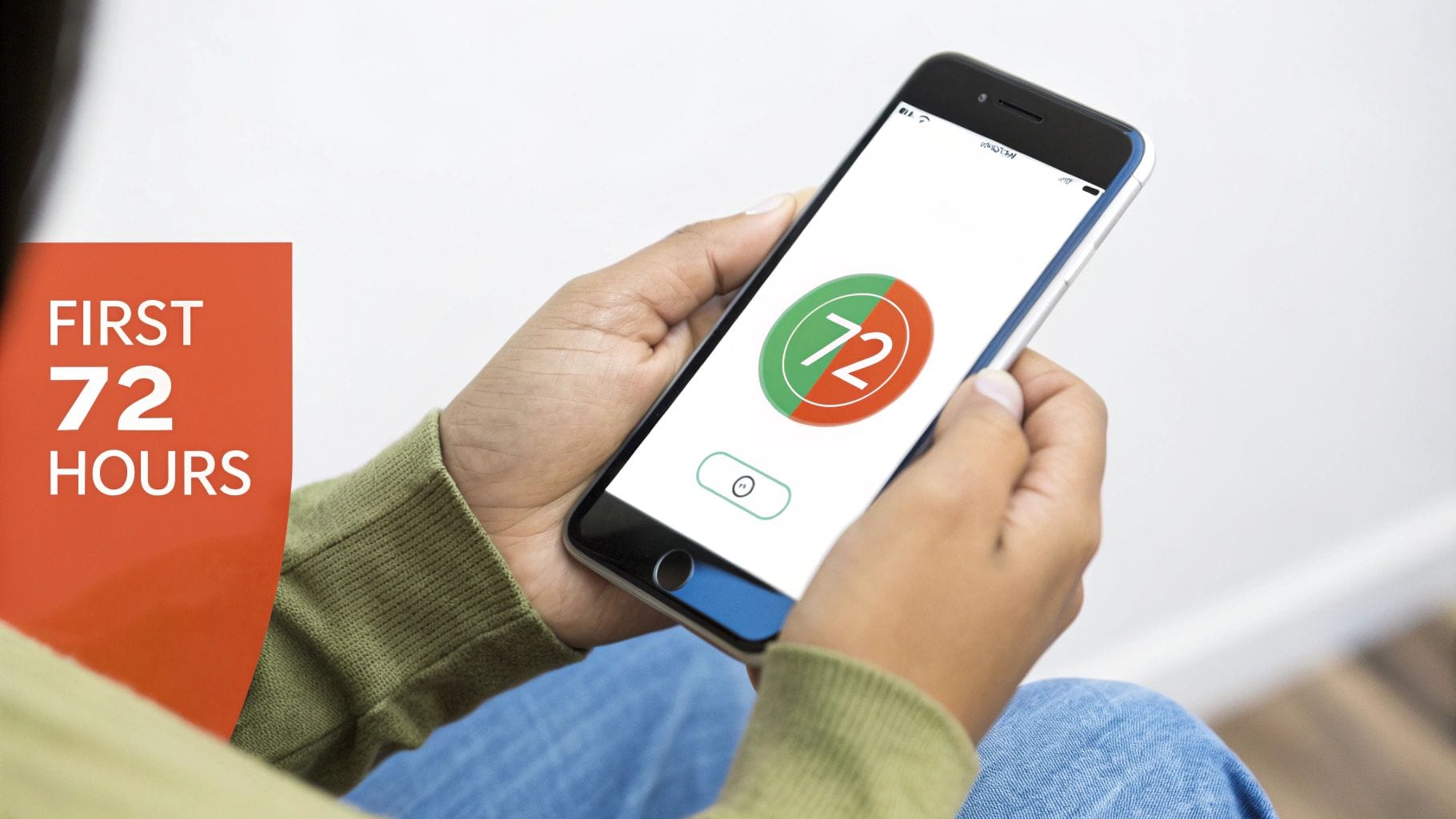 Person holds smartphone displaying an app with a '72' gauge, next to a 'FIRST 72 HOURS' banner.