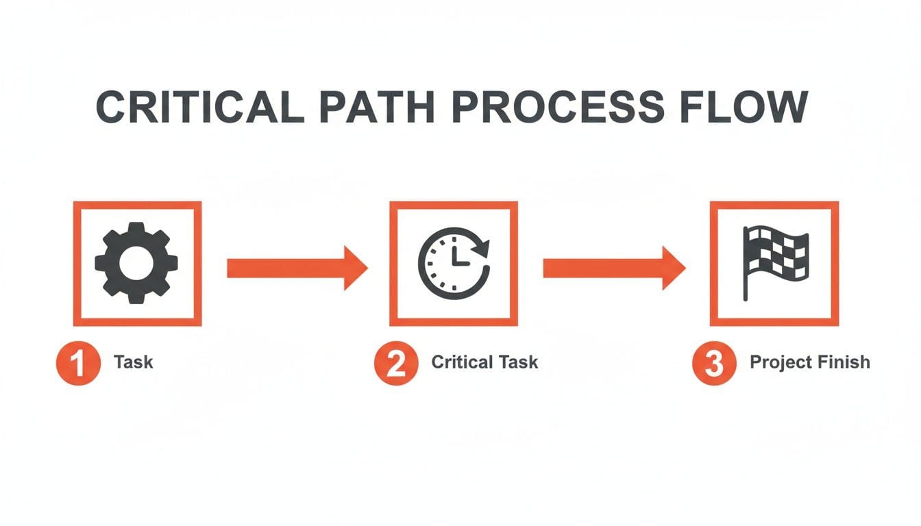 A critical path process flow illustration with steps from initial task to project completion.
