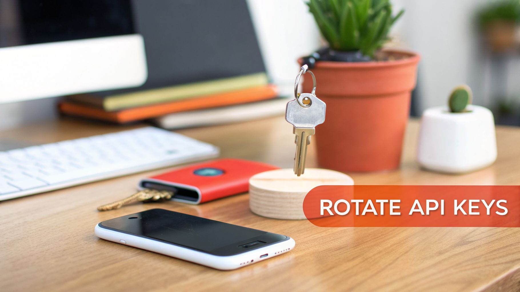 A desk with a hanging key, a smartphone, and keyboard, illustrating the concept of rotating API keys for security.