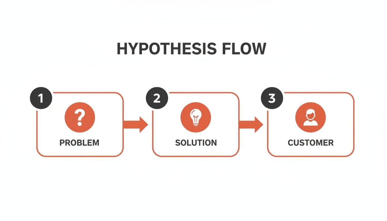 A diagram illustrates the hypothesis flow with three steps: Problem, Solution, and Customer, connected by arrows.