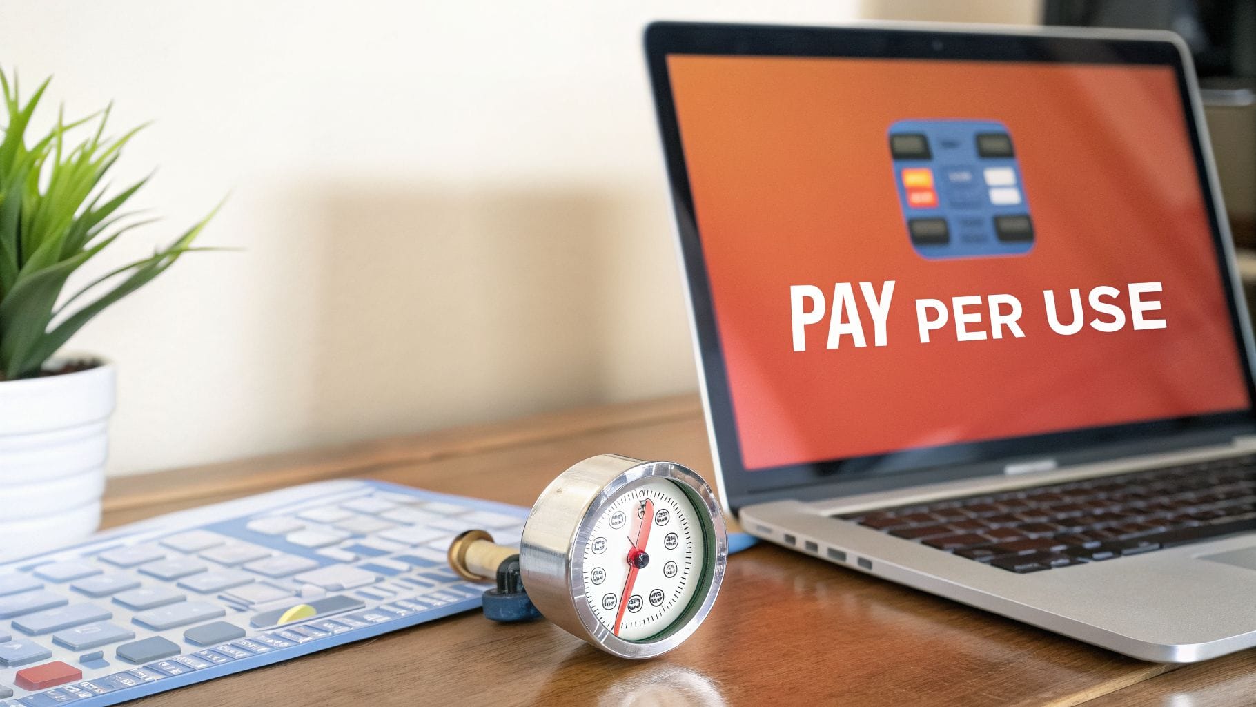 A laptop displays 'PAY PER USE' with a payment icon, next to a meter gauge and keyboard on a desk.