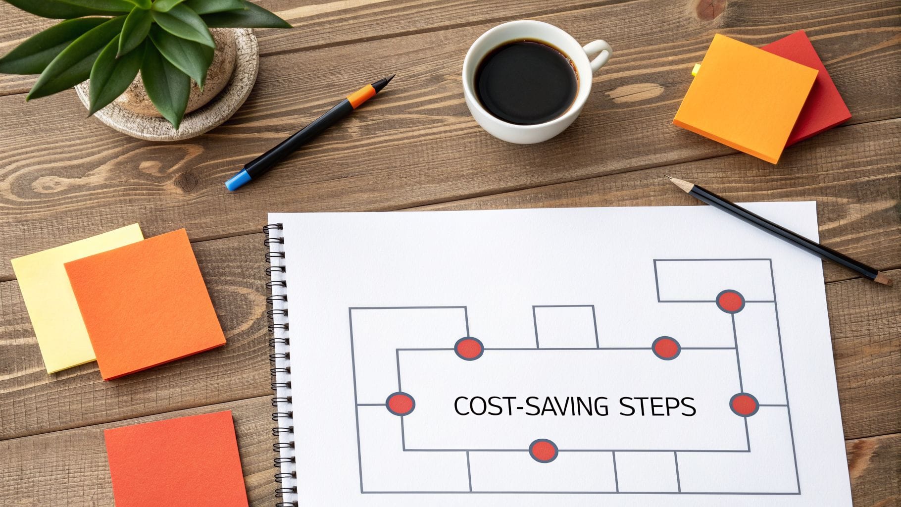 Flat lay of a wooden desk with a notebook displaying a 'COST-SAVING STEPS' diagram, coffee, and office supplies.