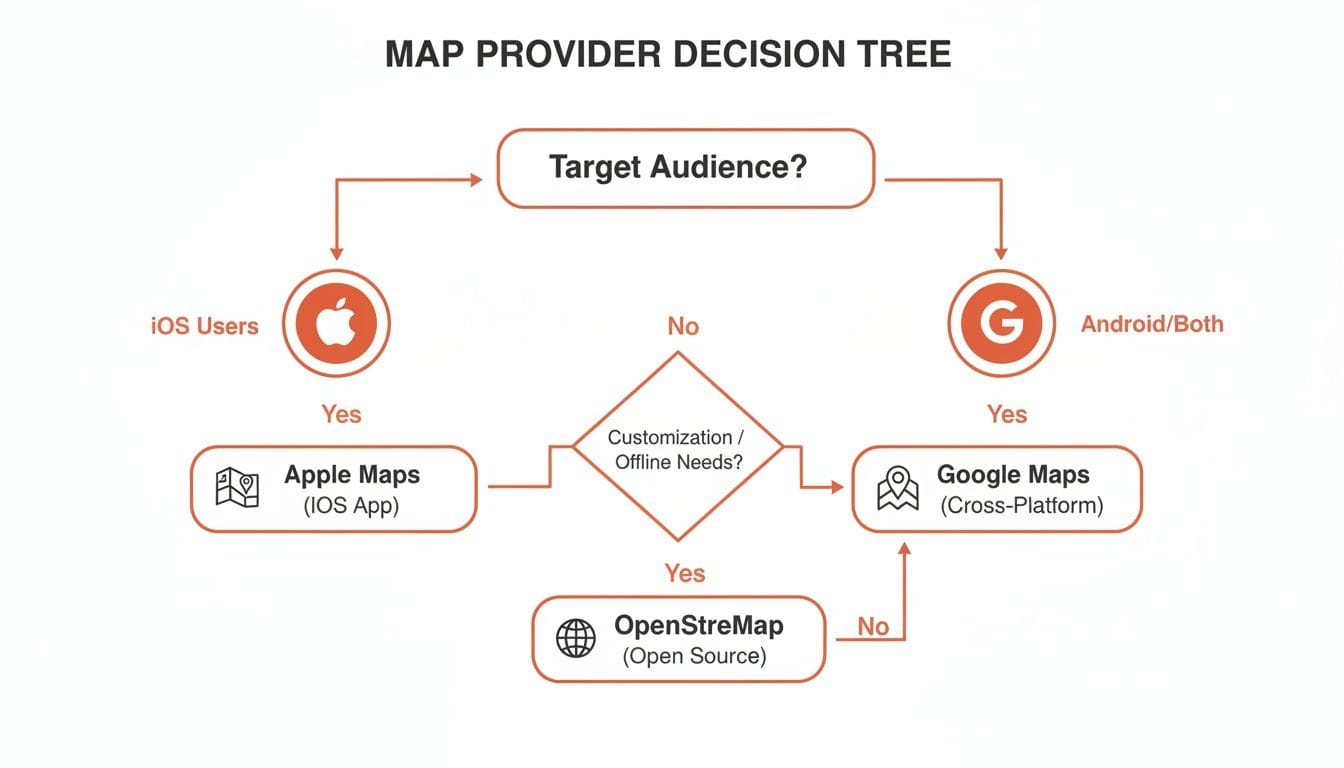Decision tree flowchart for selecting a map provider based on target audience and customization needs.
