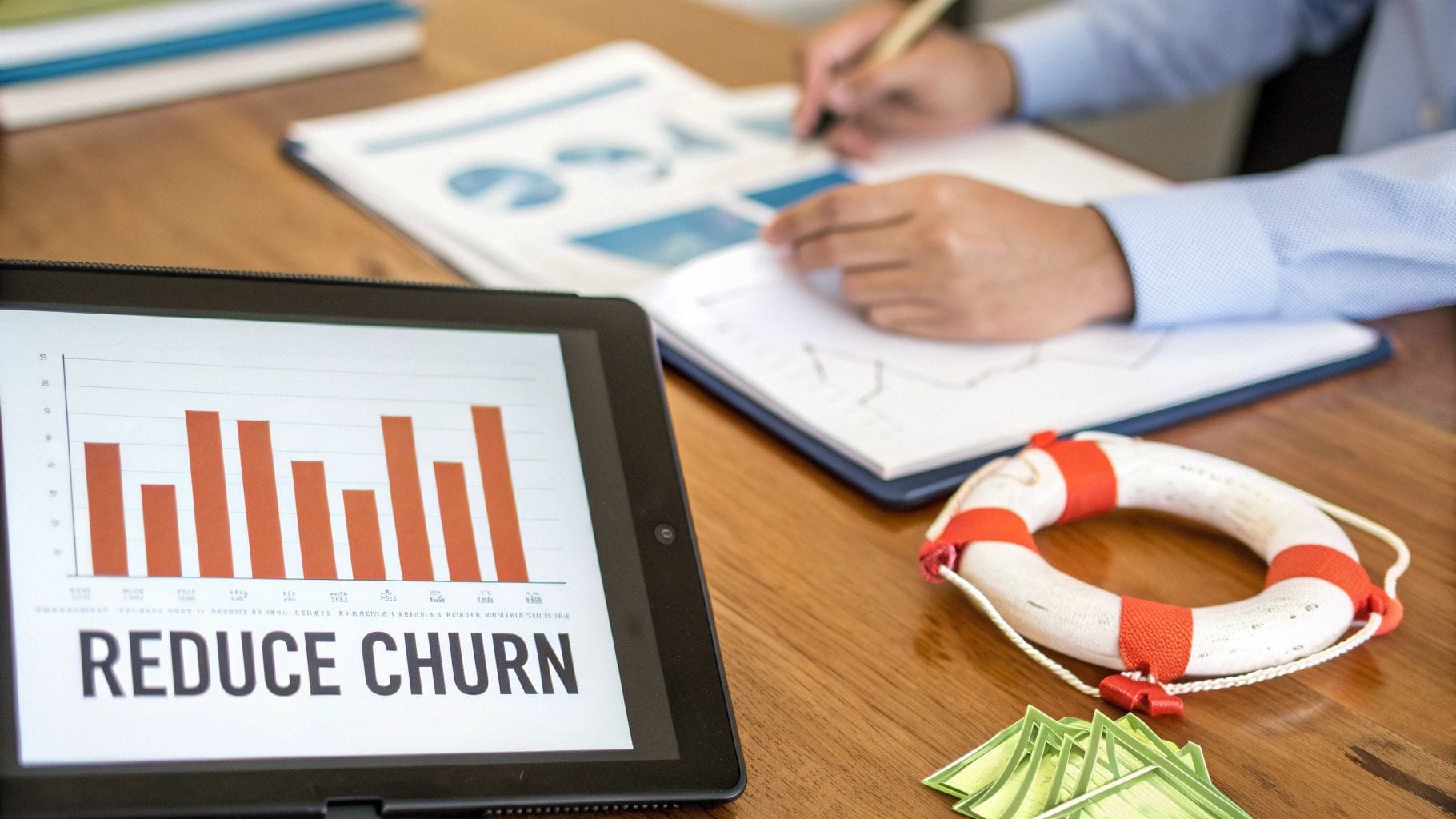 A tablet displays a 'REDUCE CHURN' bar chart, while a person reviews business analytics and strategies.