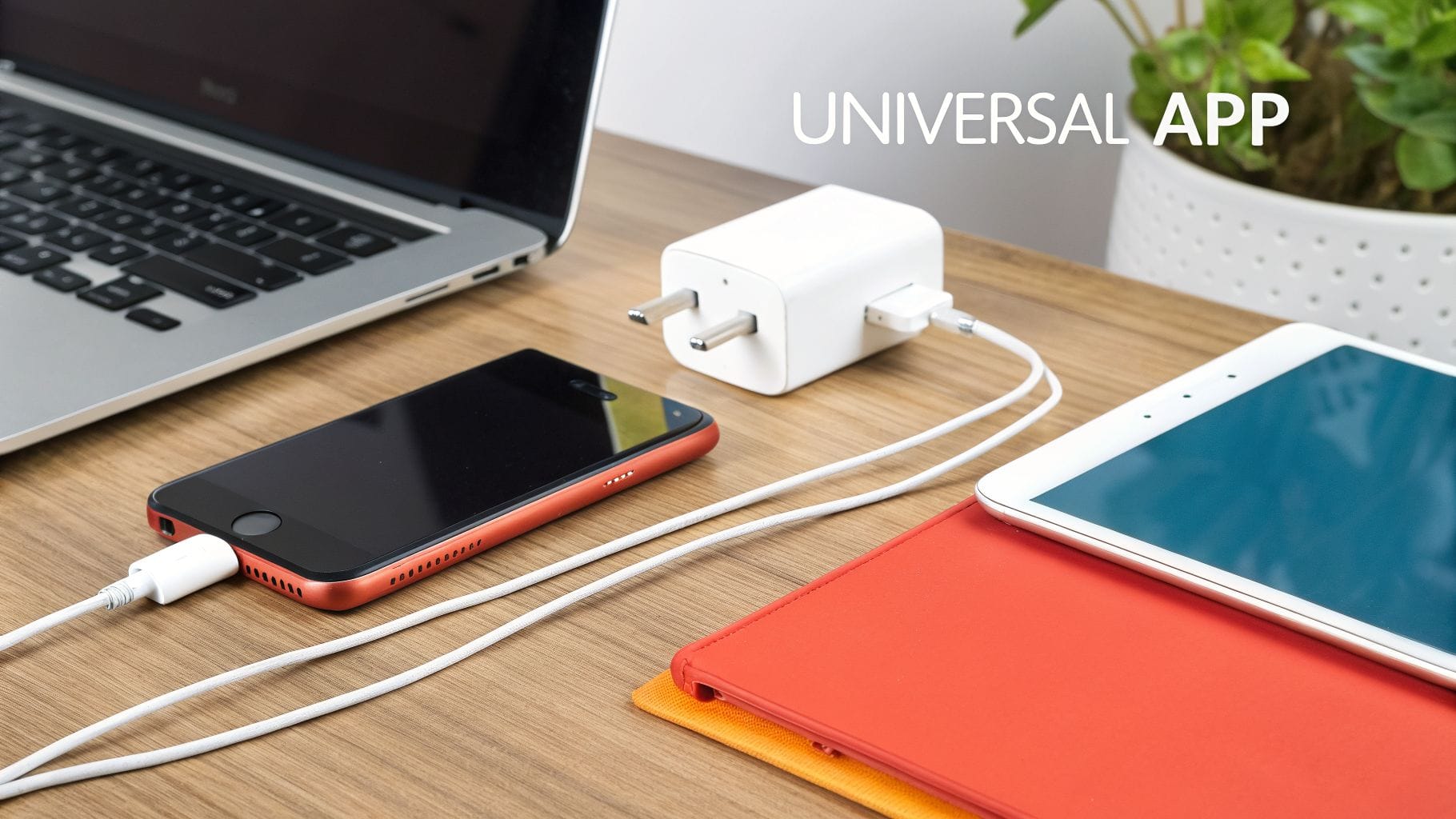 Multiple mobile devices charging on a wooden desk with a white universal power adapter.
