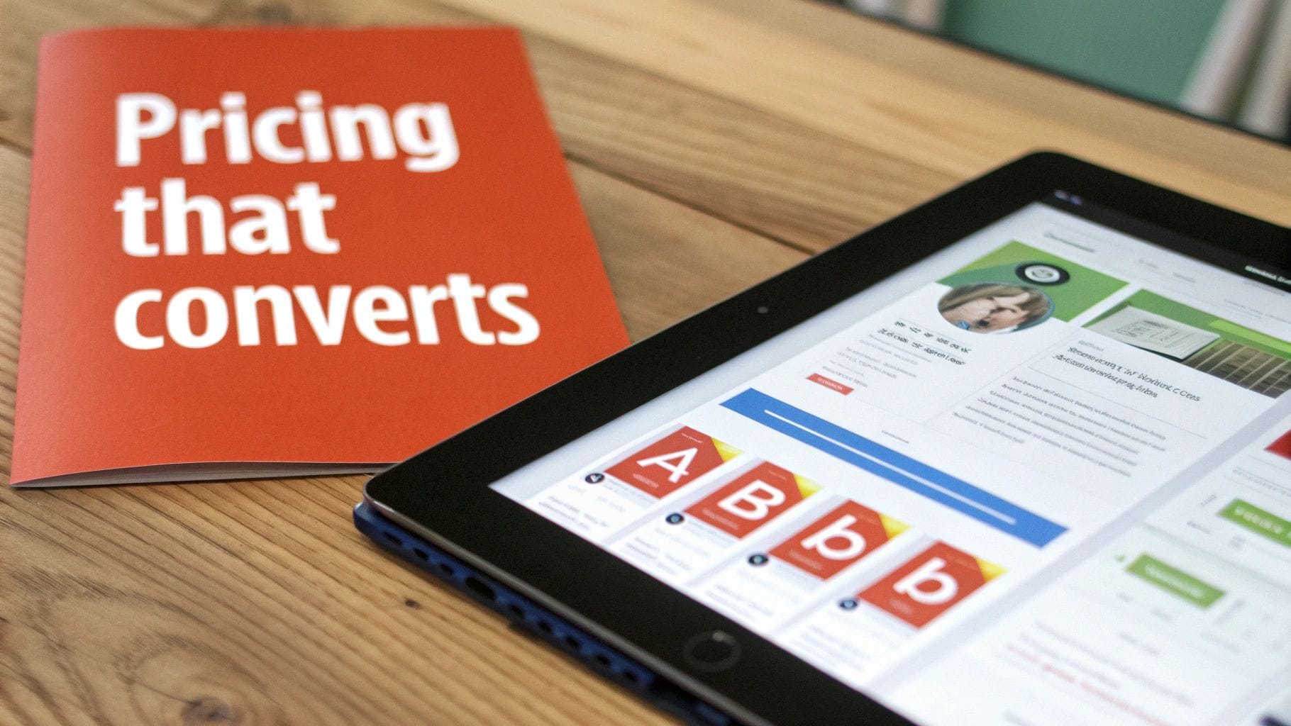 A red booklet titled 'Pricing that converts' next to a tablet displaying a business website.