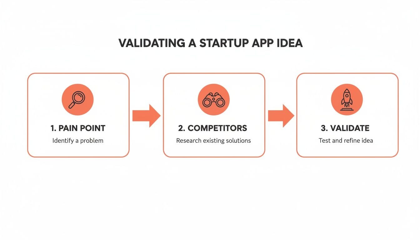 An infographic showing three steps to validate a startup app idea: identify pain points, research competitors, and test/refine.