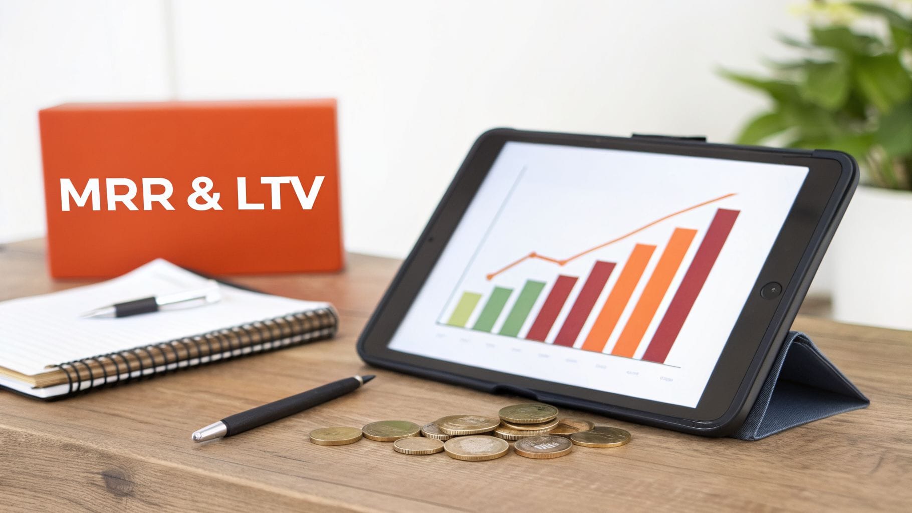 A desk with a tablet displaying a growing graph, an orange box labeled 'MRR & LTV', a notebook, and coins.