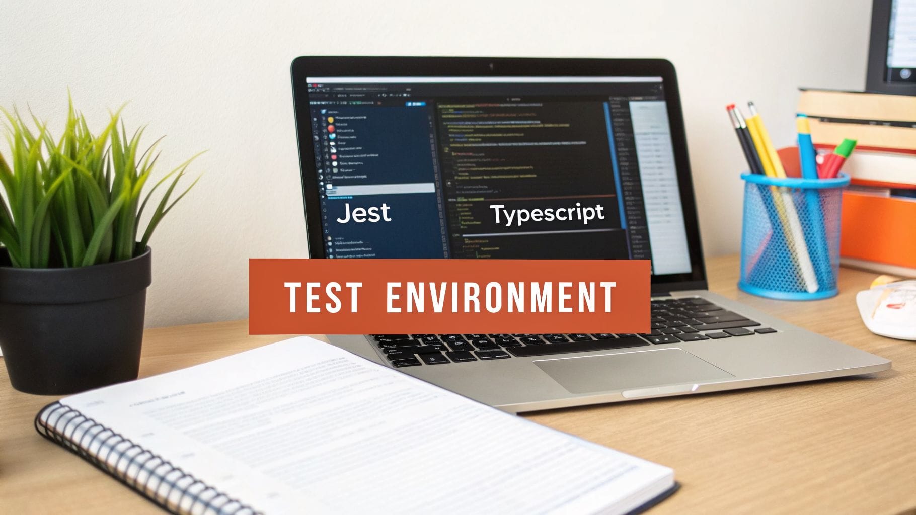 A developer's desk with a laptop displaying 'Jest Typescript Test Environment' code, a plant, and a notebook.