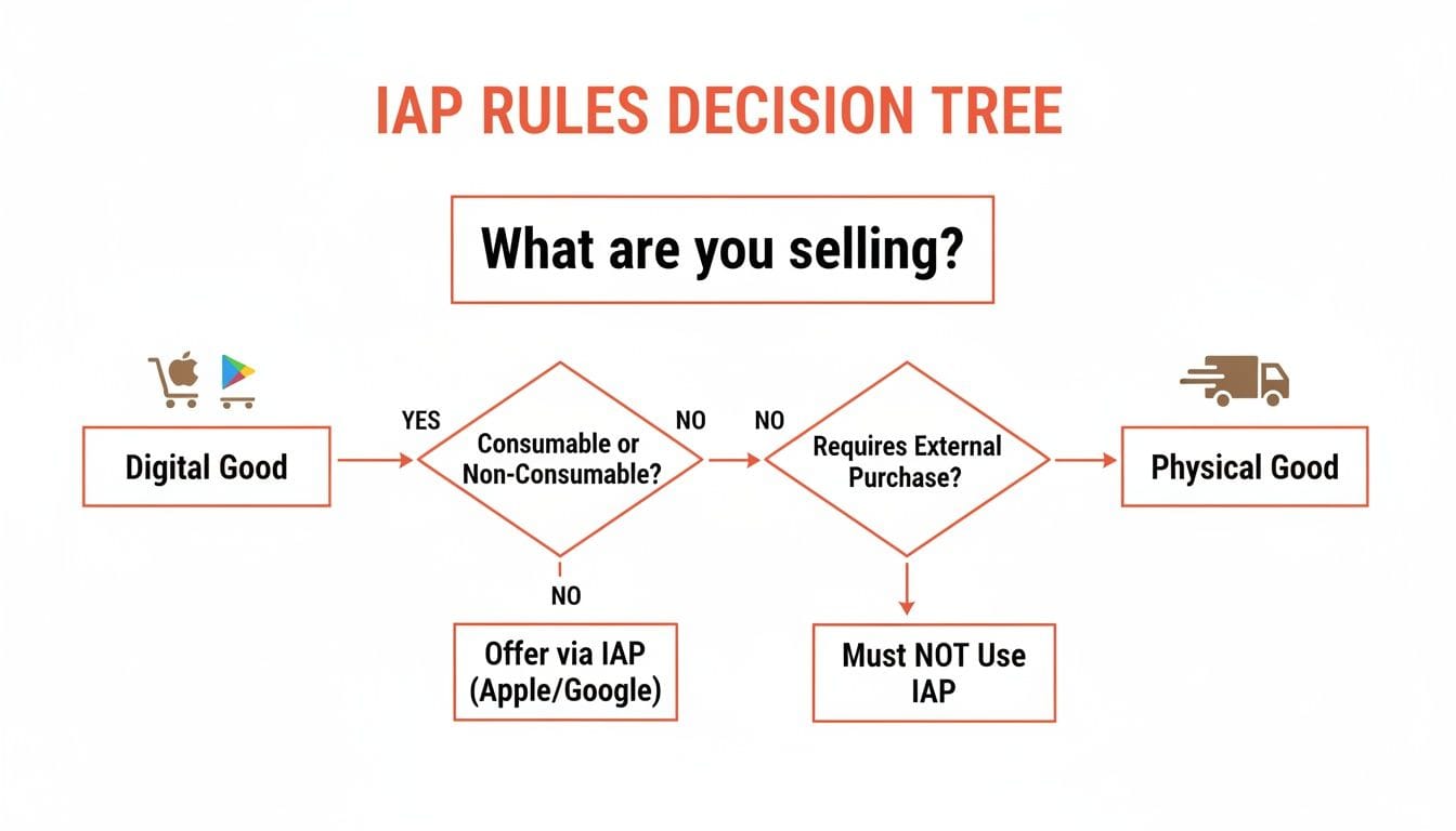 IAP Rules Decision Tree for digital and physical goods, detailing In-App Purchase usage.