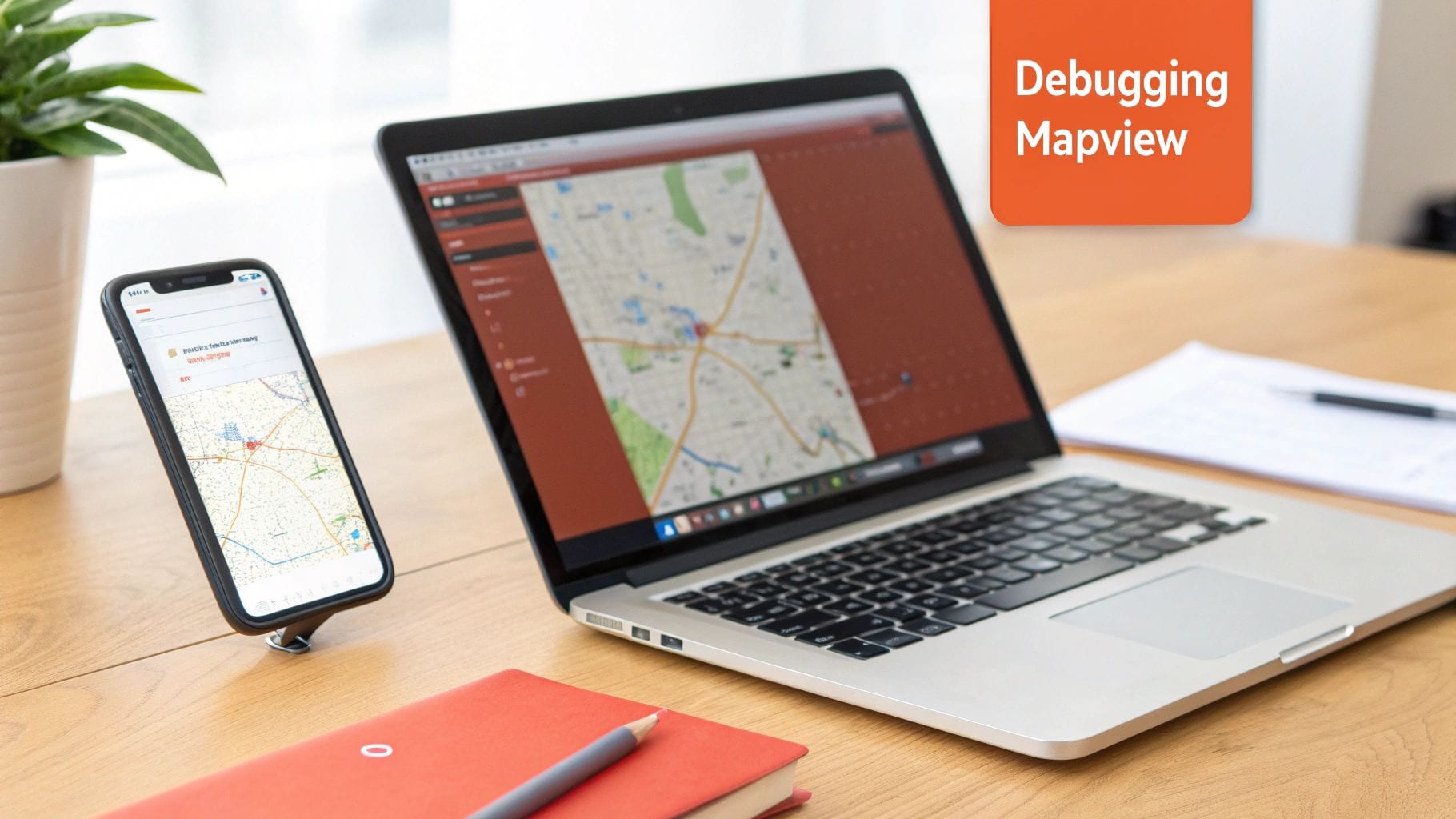 Laptop and iPhone displaying map applications on a wooden desk, with text 'Debugging Mapview'.