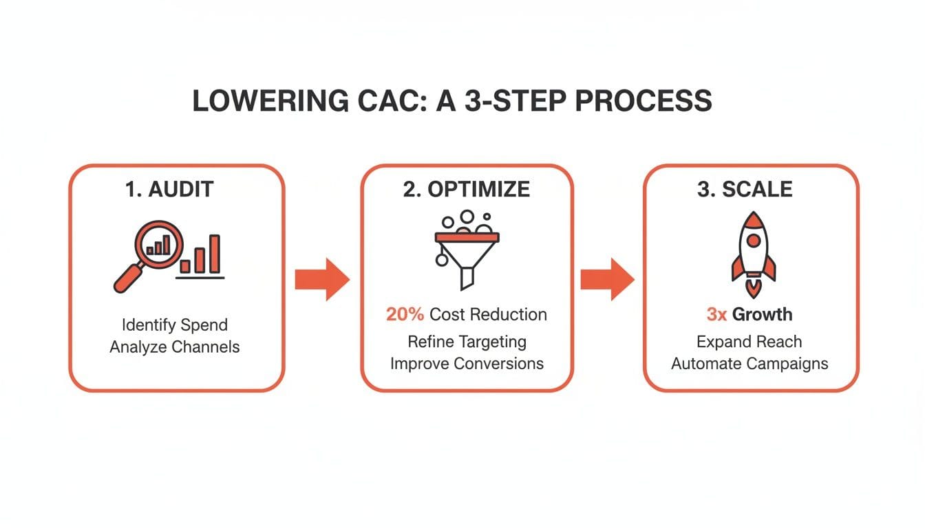An infographic detailing a 3-step process for lowering Customer Acquisition Cost (CAC): Audit, Optimize, and Scale.