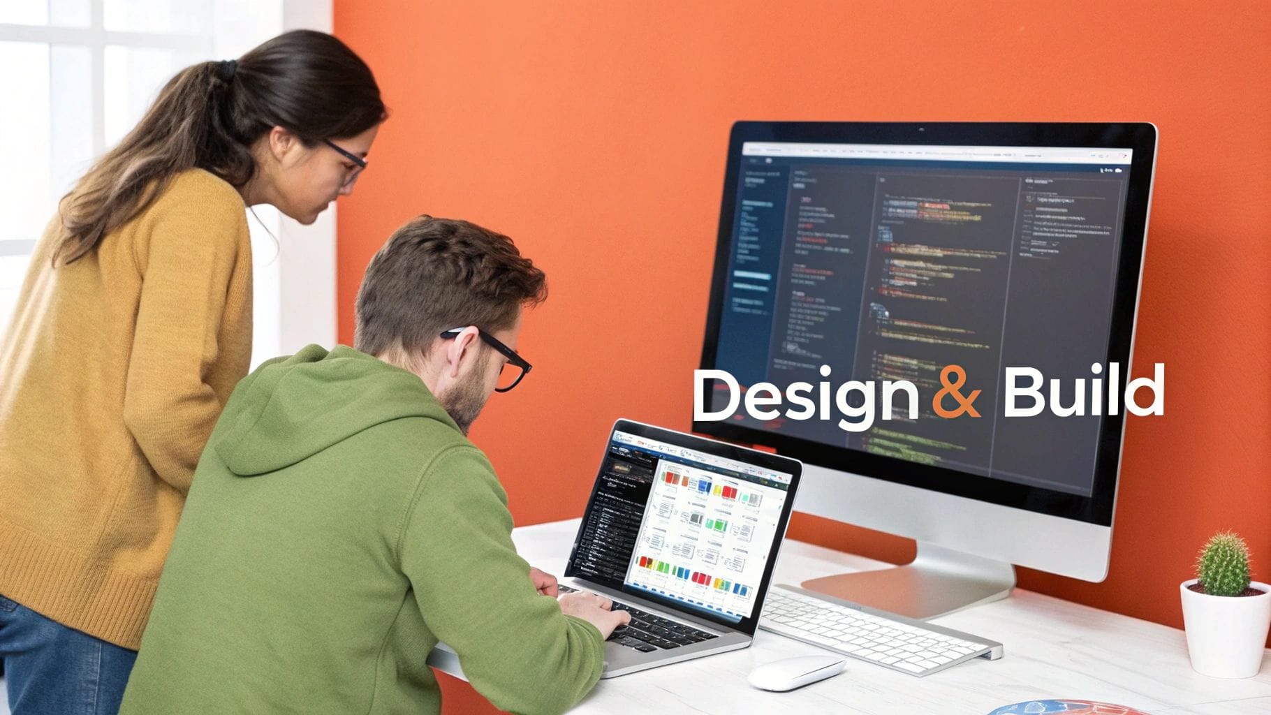 Two developers collaborating on software design and build, working with code and a graphical interface on screens.