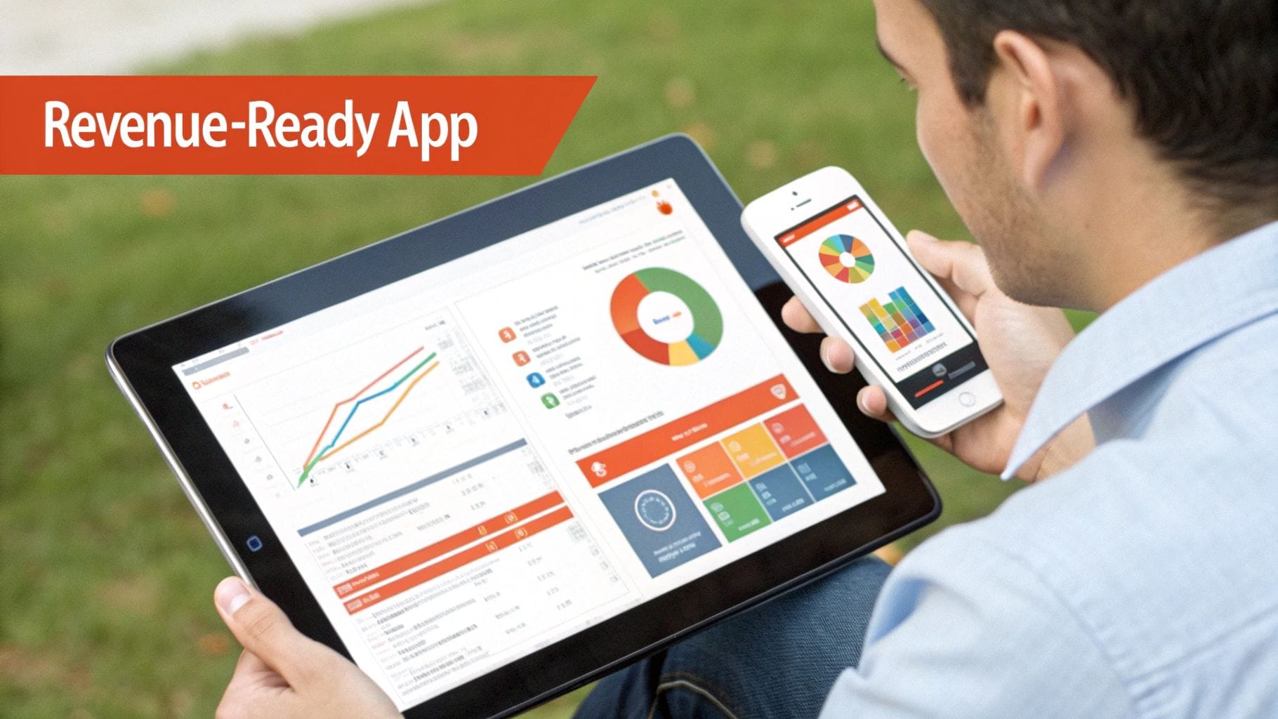A person uses a tablet and smartphone, both displaying business analytics and charts for a revenue-ready app.