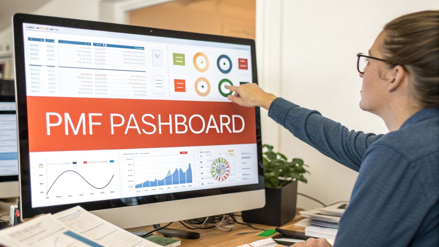 Woman analyzing product market fit metrics on a dashboard computer screen with charts.