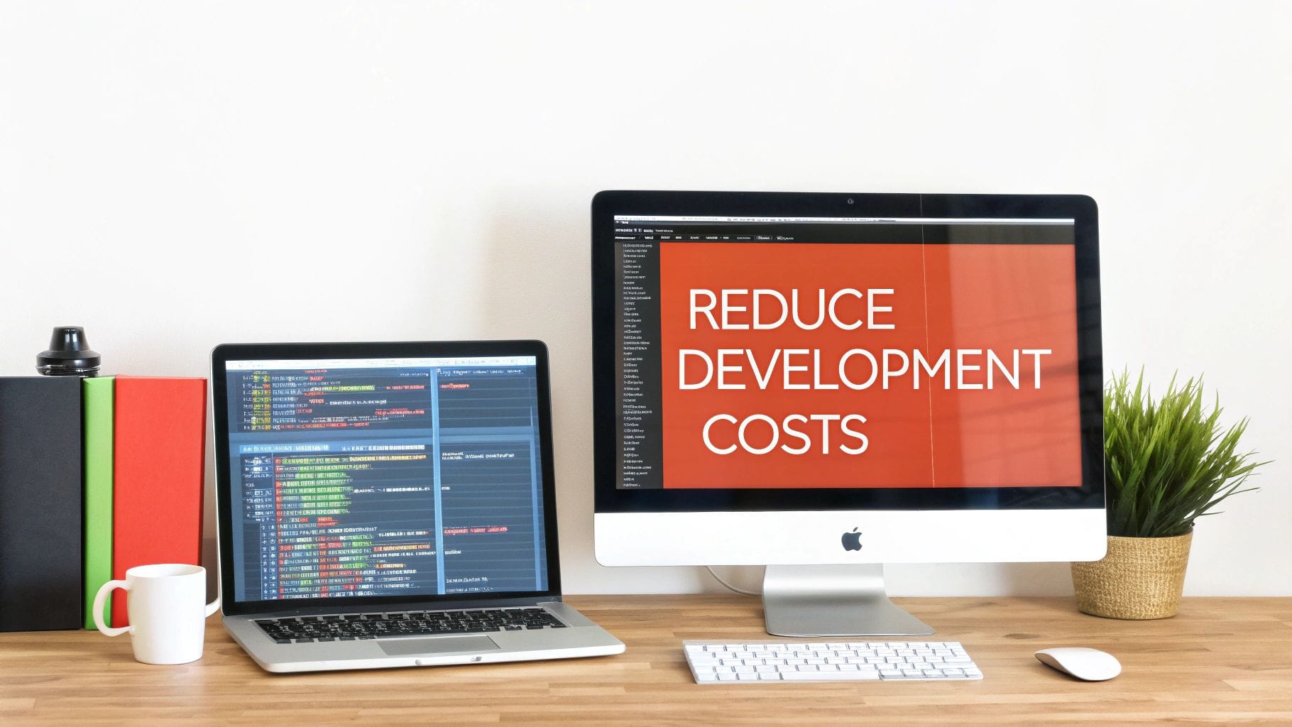 A modern workspace with a laptop displaying code and a desktop monitor showing 'REDUCE DEVELOPMENT COSTS'.