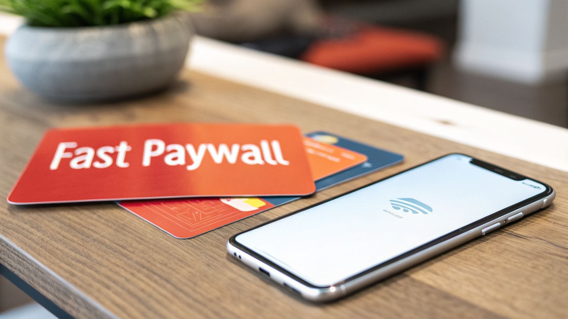 Close-up of a 'Fast Paywall' card, credit cards, and a smartphone on a wooden desk.