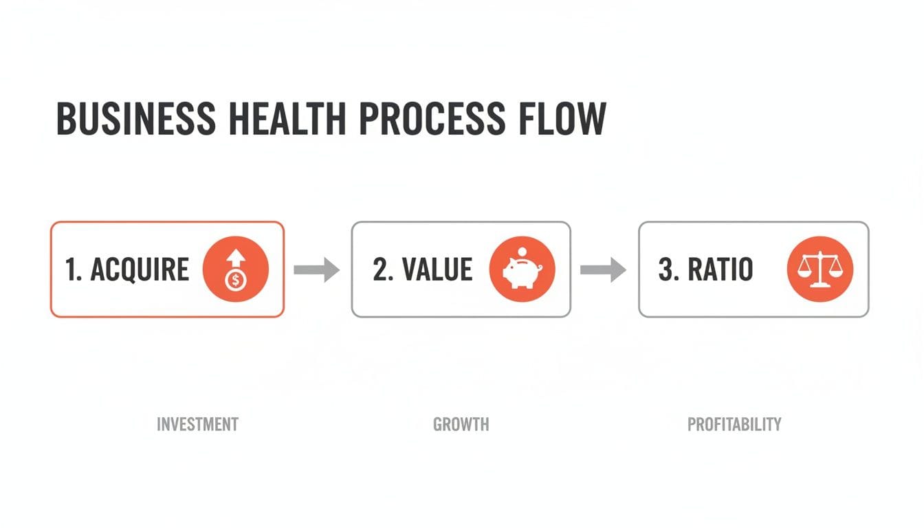 A business health process flow diagram with three steps: Acquire (Investment), Value (Growth), Ratio (Profitability).