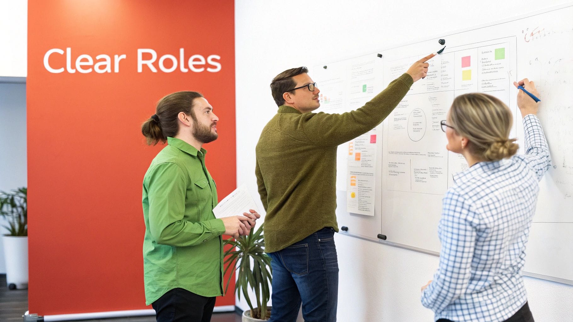 Three colleagues collaborate on a whiteboard, brainstorming ideas in an office with a 'Clear Roles' banner.