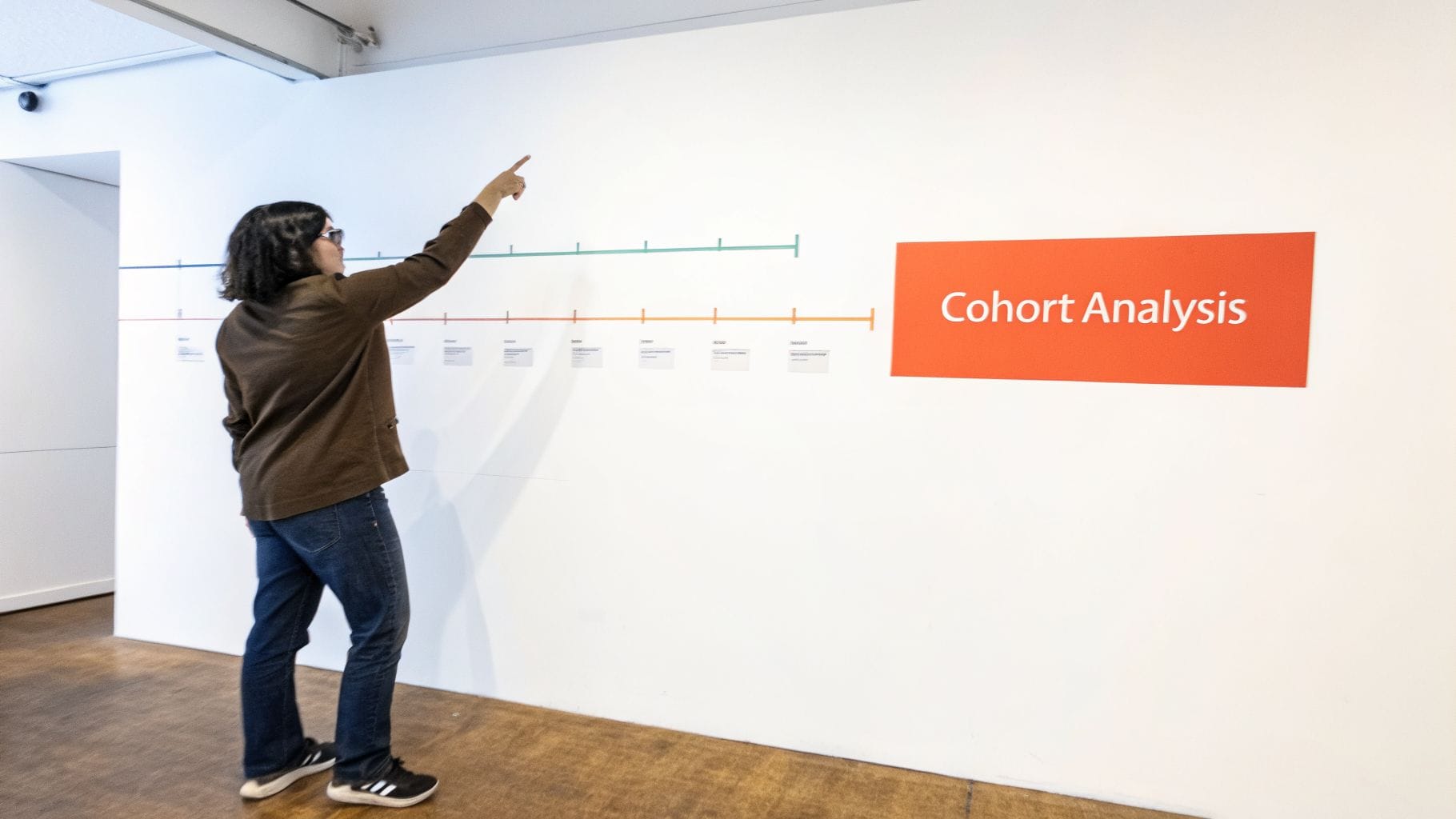 A person in a brown jacket and jeans points at a timeline display about "Cohort Analysis" on a white wall.