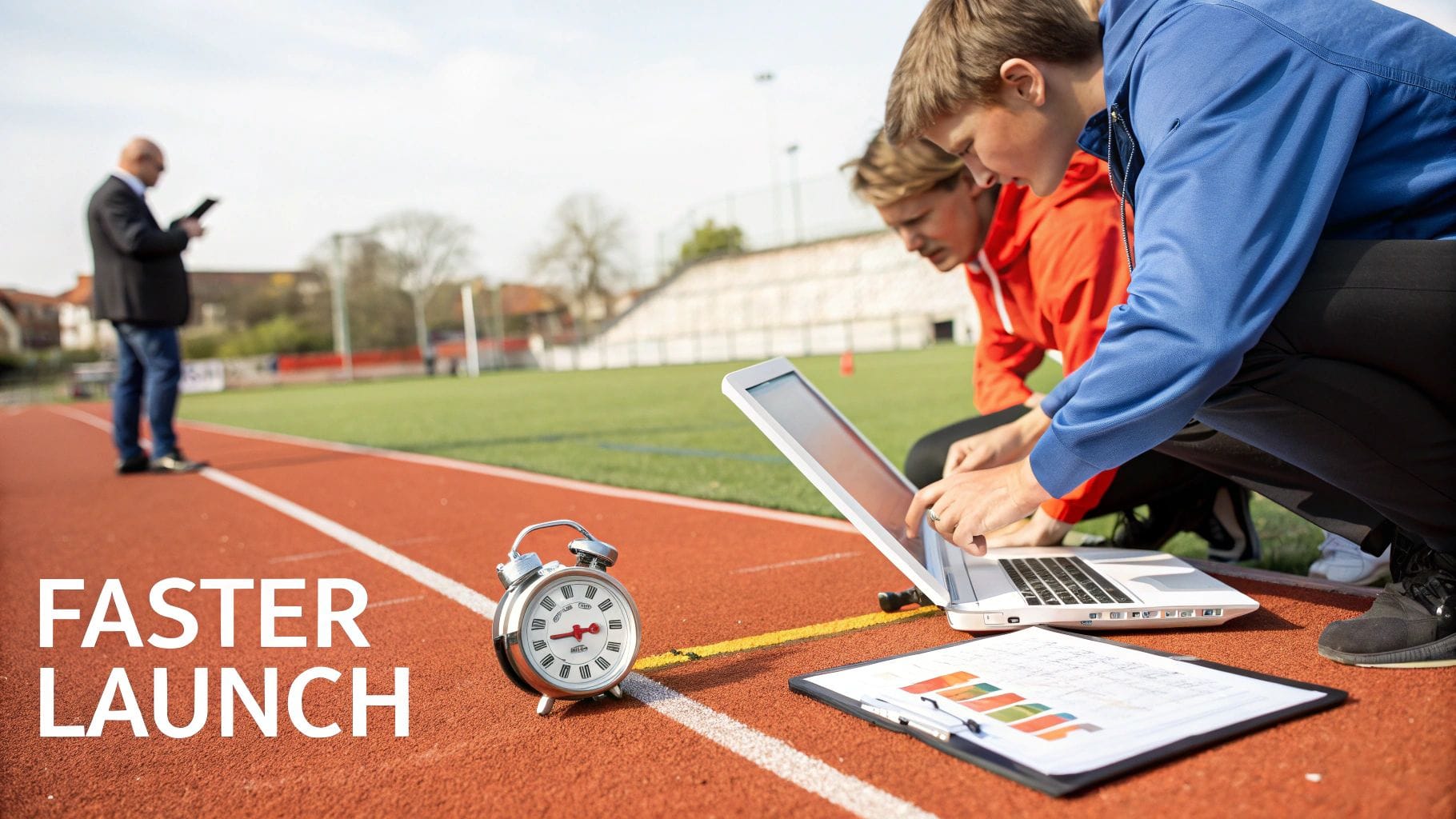 Students on a running track with a laptop and an alarm clock, focusing on faster launch.