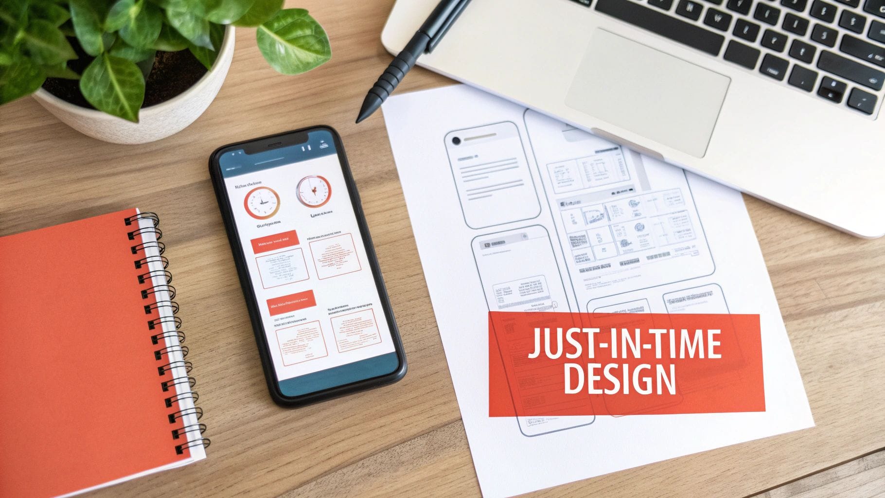 A modern workspace showing UI/UX design process with a phone, wireframes, laptop, and plant.