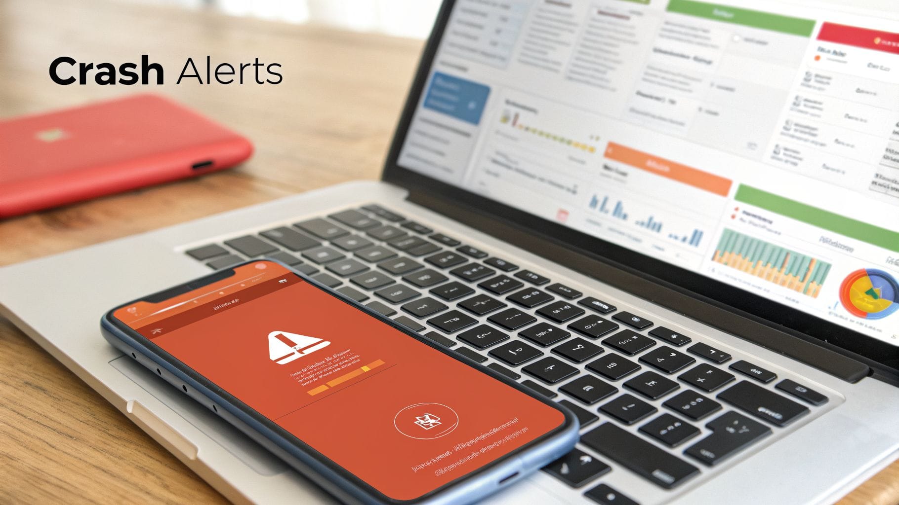 Smartphone displaying a crash alert notification on a laptop with a business dashboard in the background.