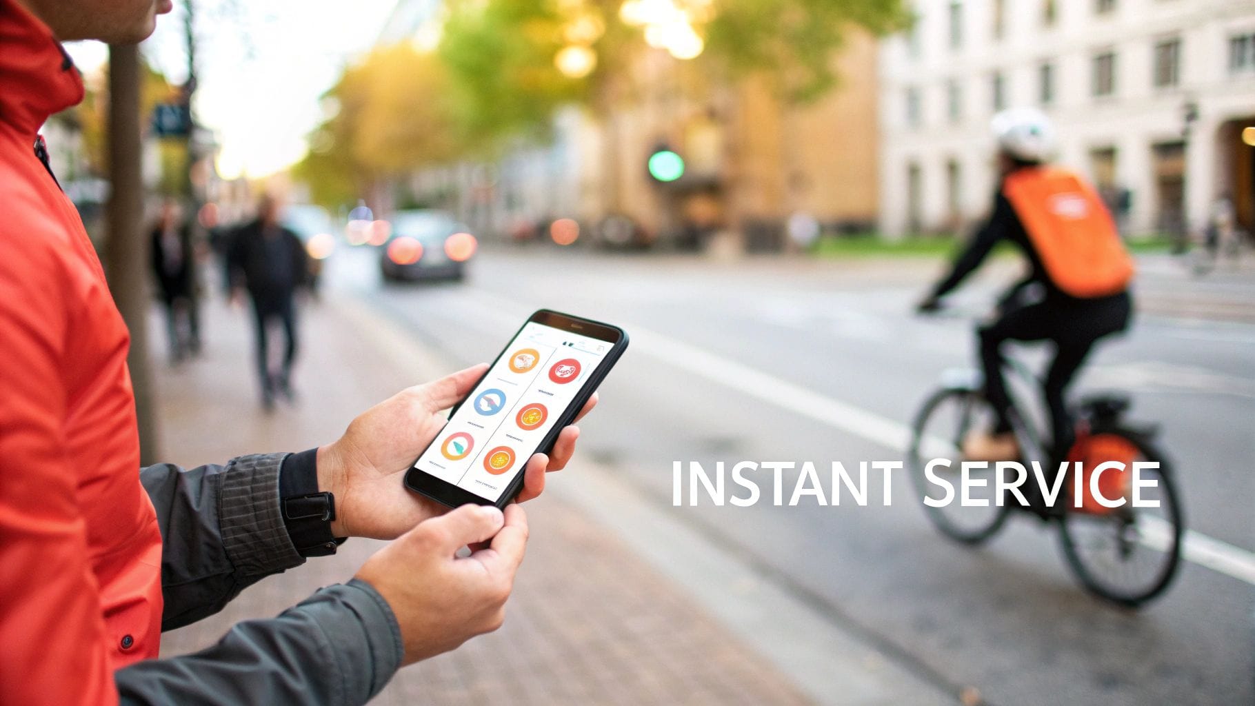 A person holds a smartphone displaying various service icons, with a delivery cyclist and blurred city street.
