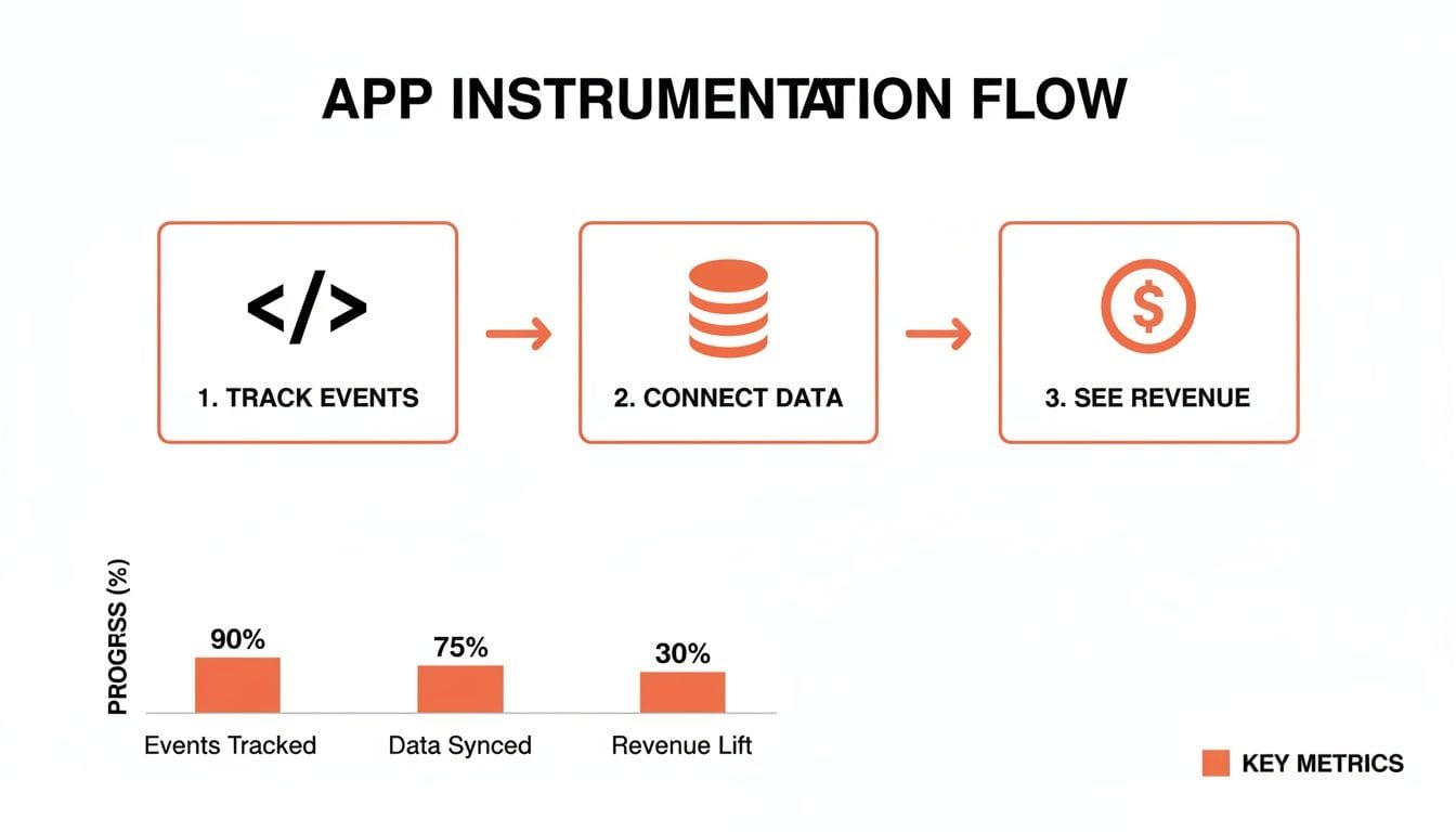 Flowchart depicting app instrumentation process from tracking events to connecting data and seeing revenue, with progress metrics.
