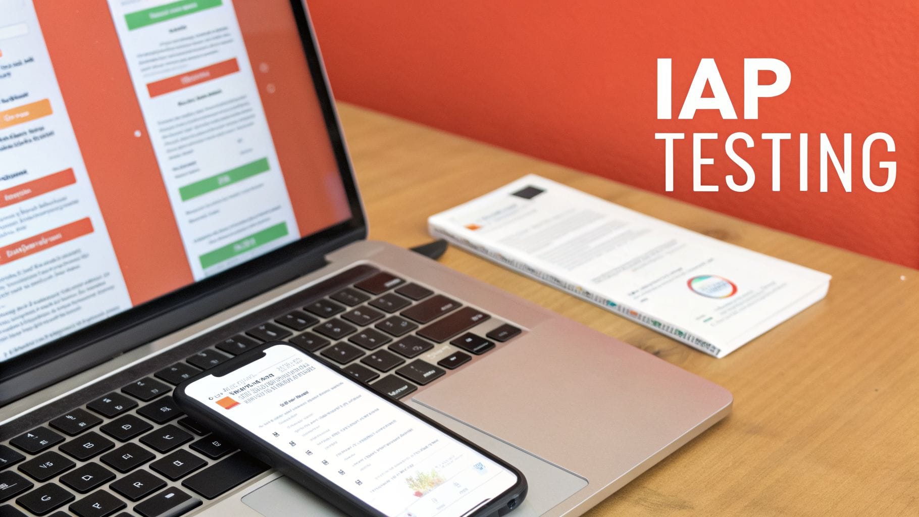 A laptop and smartphone on a wooden desk, displaying screens related to In-App Purchase (IAP) testing.