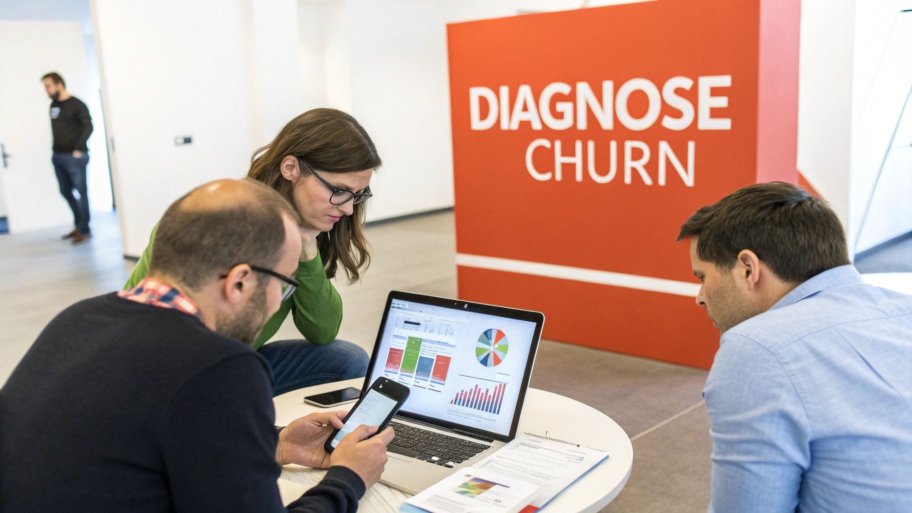 Three colleagues analyze customer churn data on a laptop and smartphone in an office.
