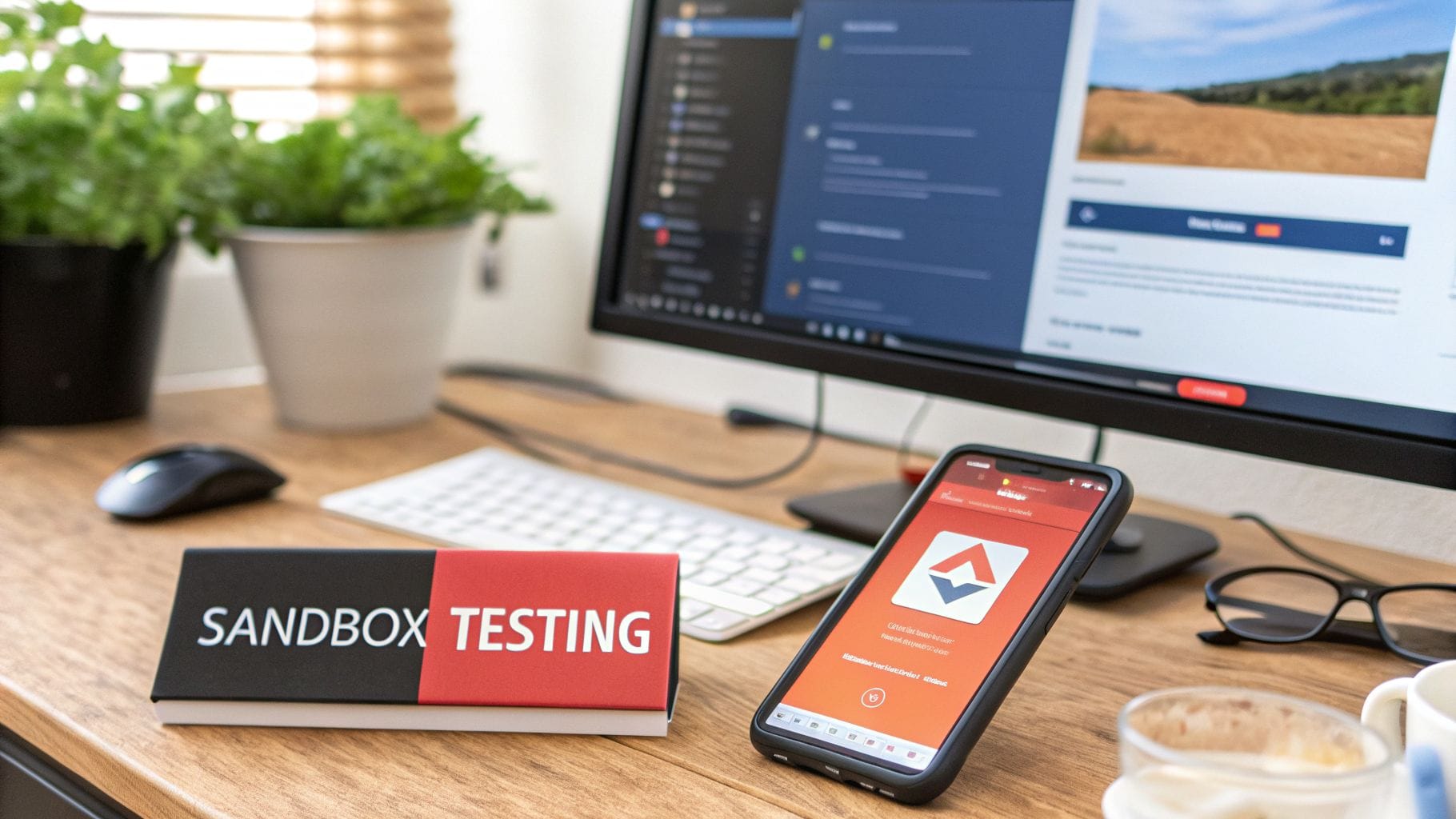 Desktop setup featuring a monitor, smartphone running an app, keyboard, mouse, and 'Sandbox Testing' box.