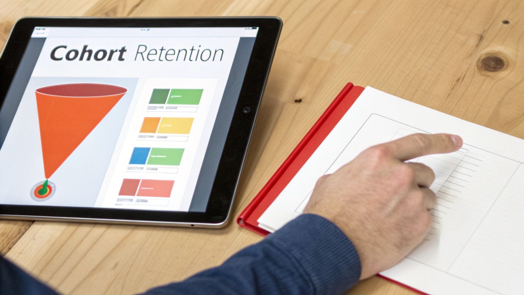 A person's hand points to a notebook next to a tablet displaying 'Cohort Retention' with a funnel graphic.