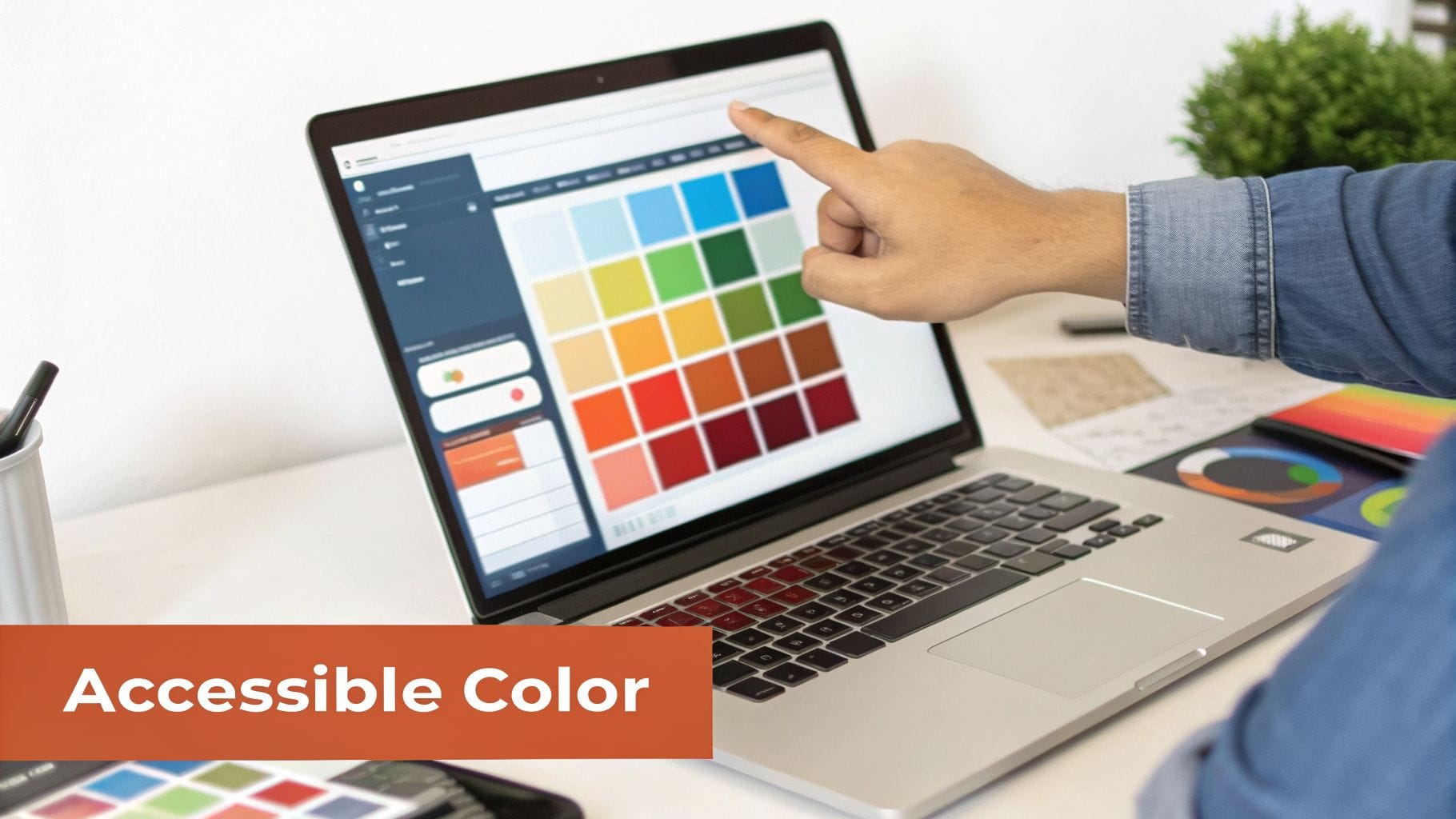 A hand points at a laptop screen displaying a color palette for accessible color design.